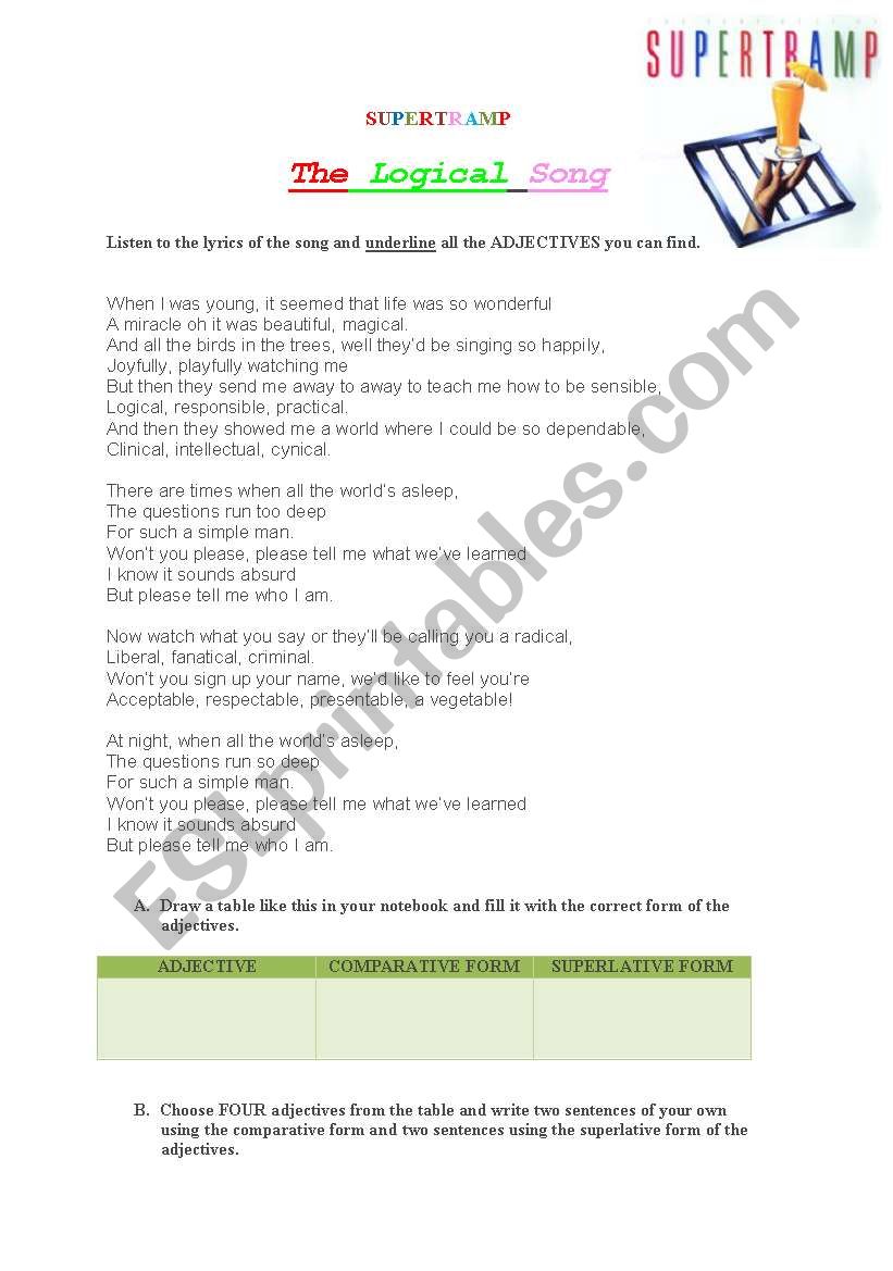 the logical song, supertramp worksheet