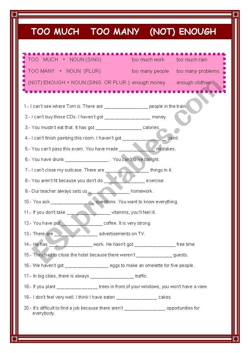 Too and Enough with nouns worksheet