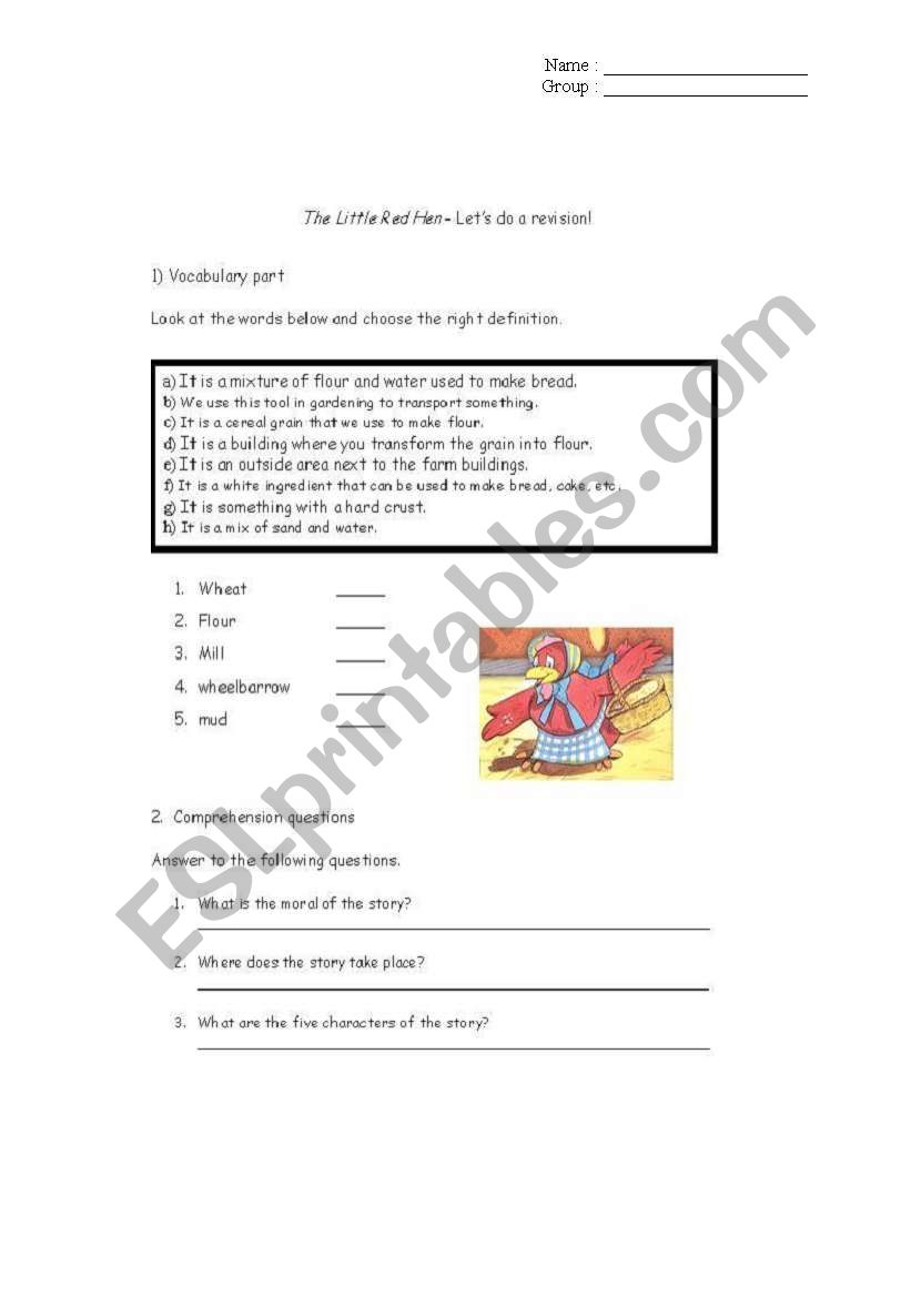 The Little Red Hen - test worksheet