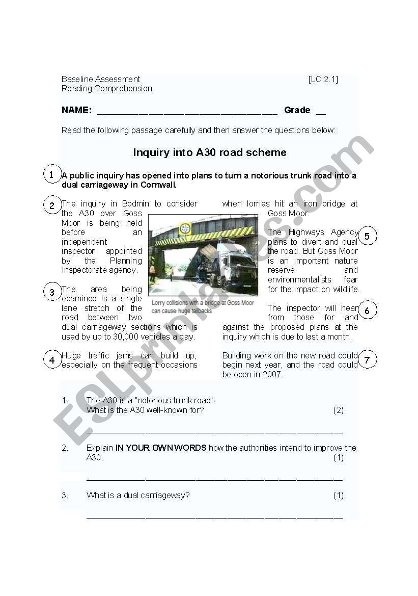 Reading Comprehension - Theme Transport/ road accidents