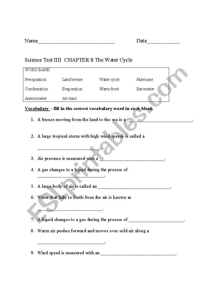 Water Cycle Vocabulary Worksheet