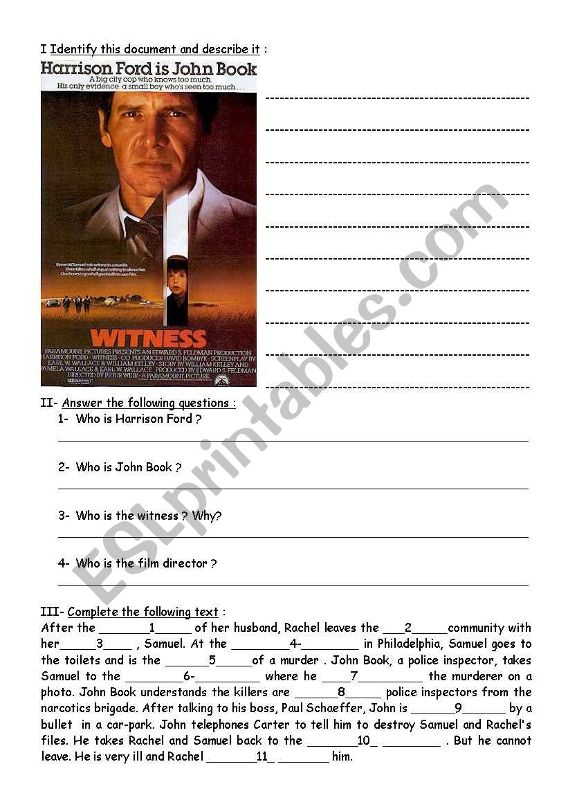 Witness- a film by Peter Weir worksheet