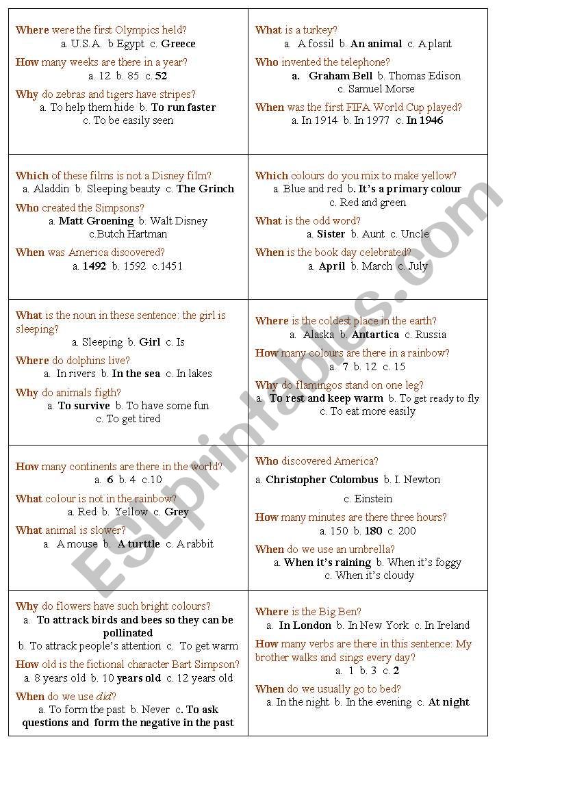 Trivia Game worksheet