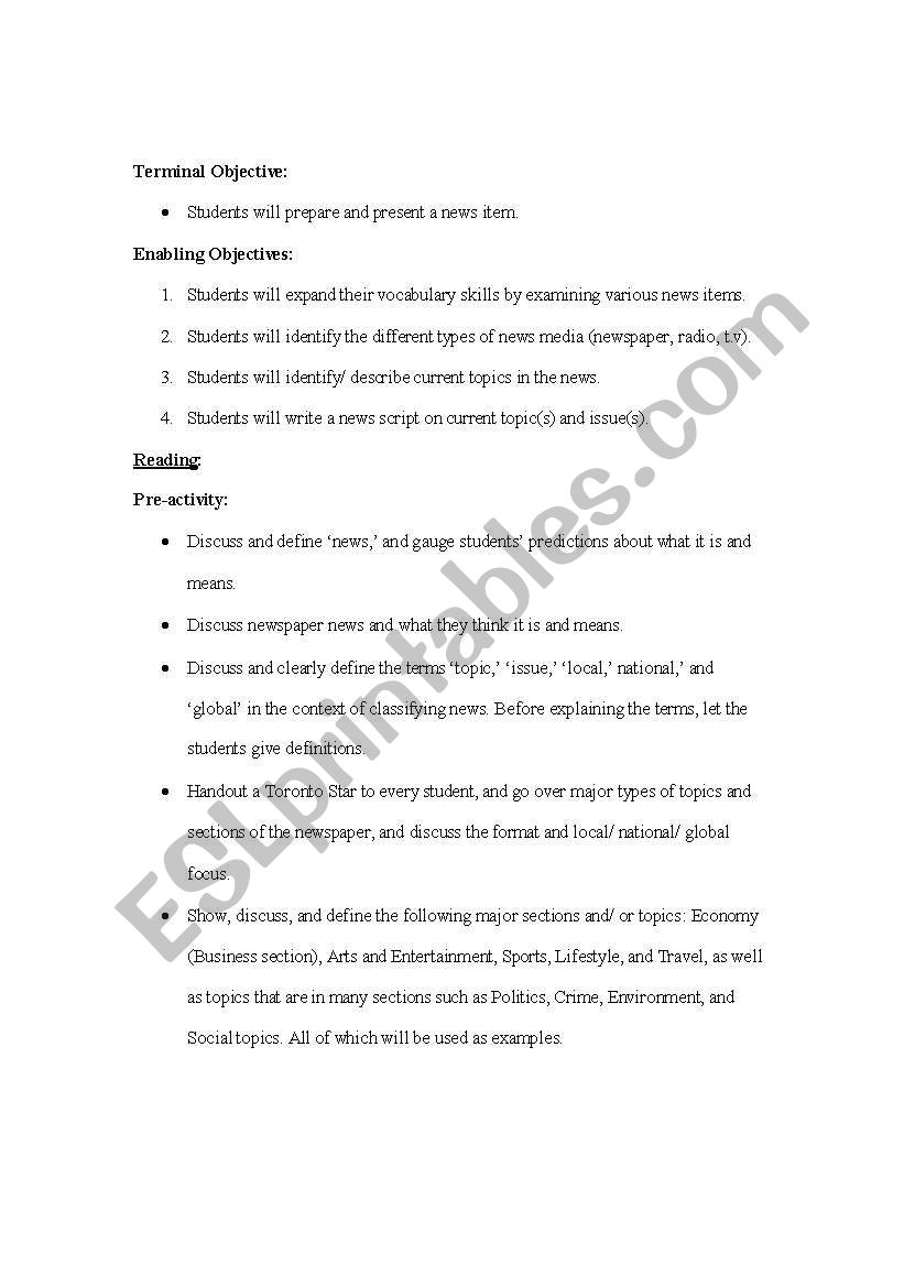 News and headlines worksheet