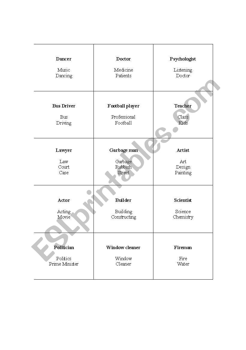 Job title Taboo worksheet