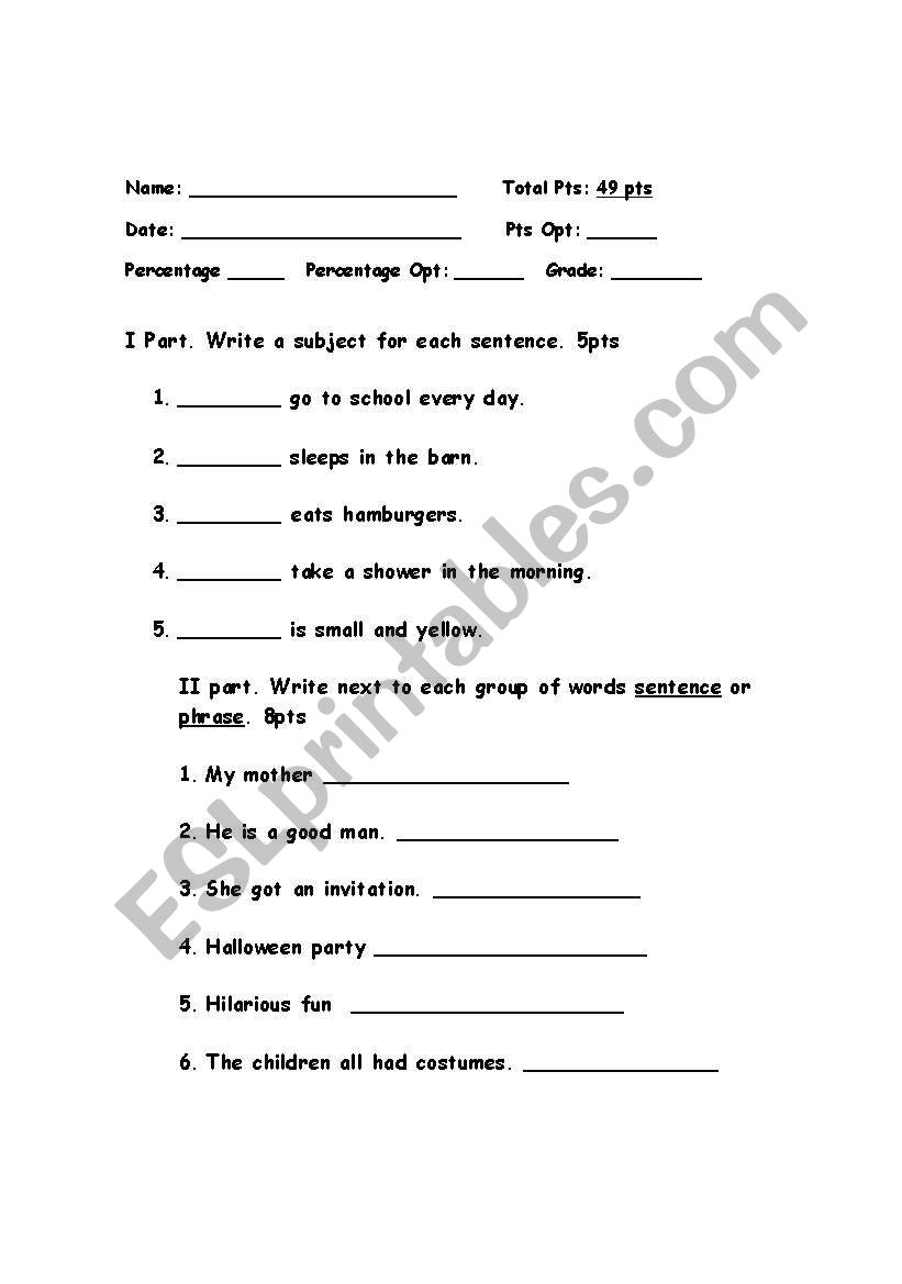 elementary test worksheet