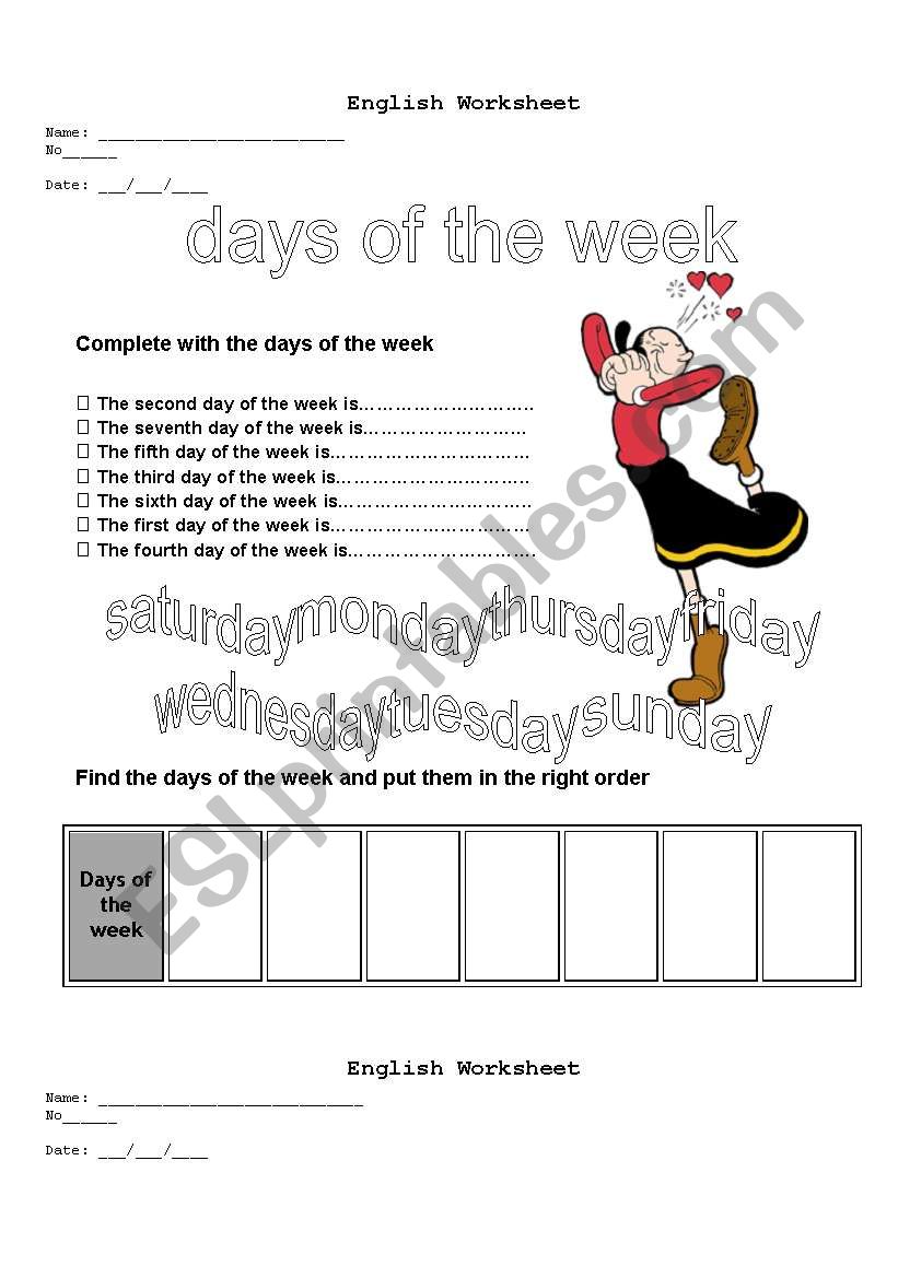 Days of the week worksheet