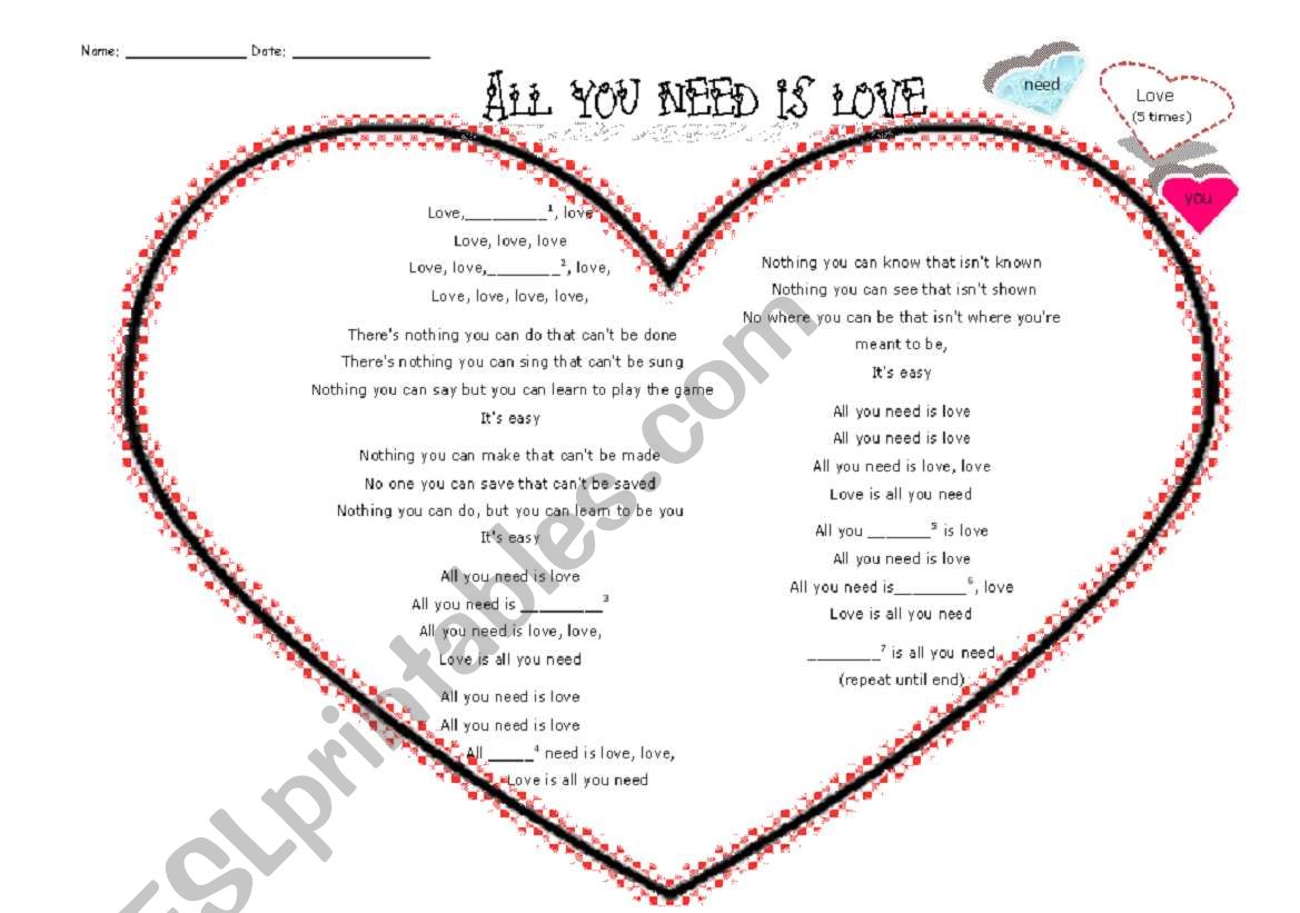 All You Need is Love worksheet