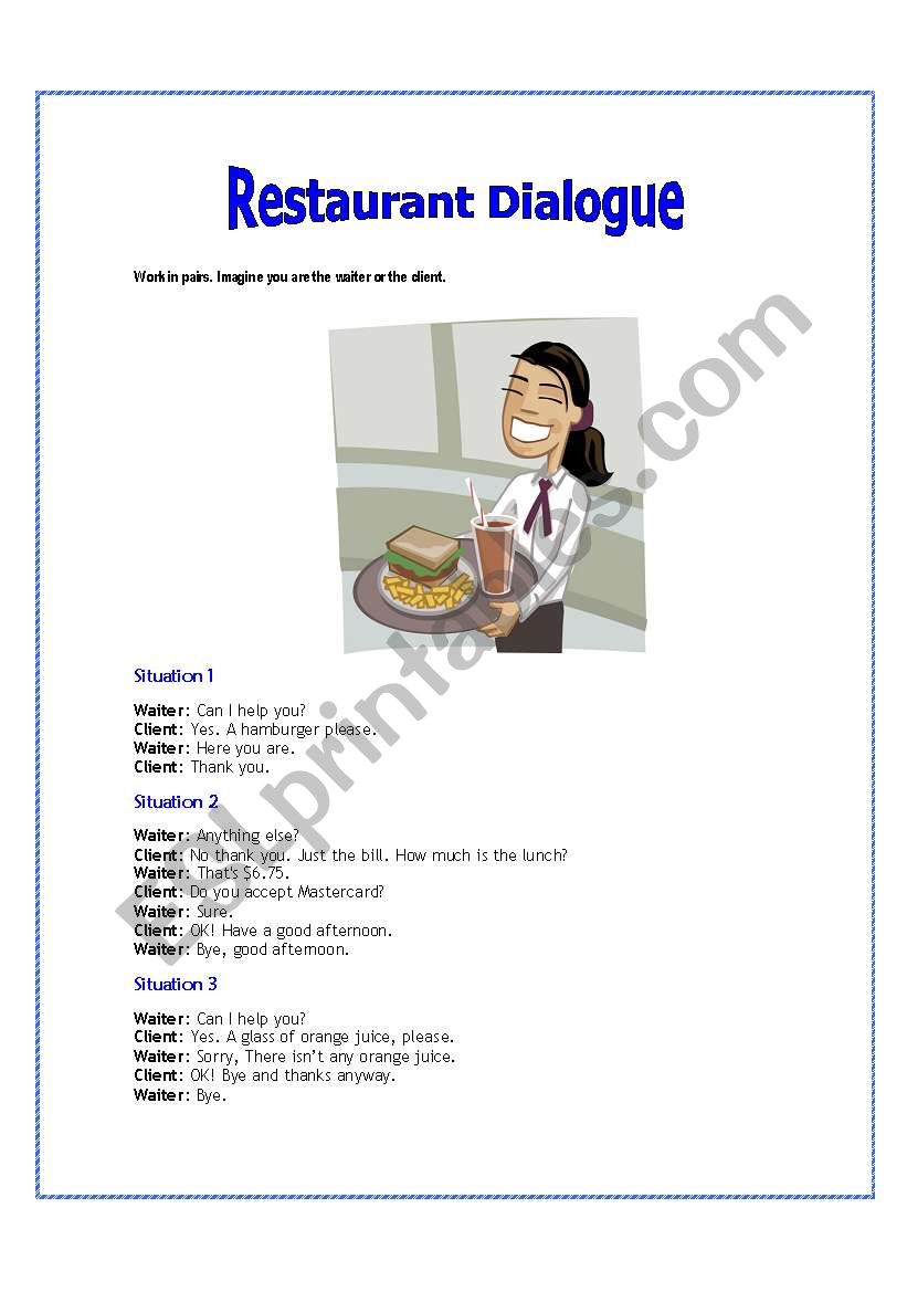 Restaurant conversation worksheet