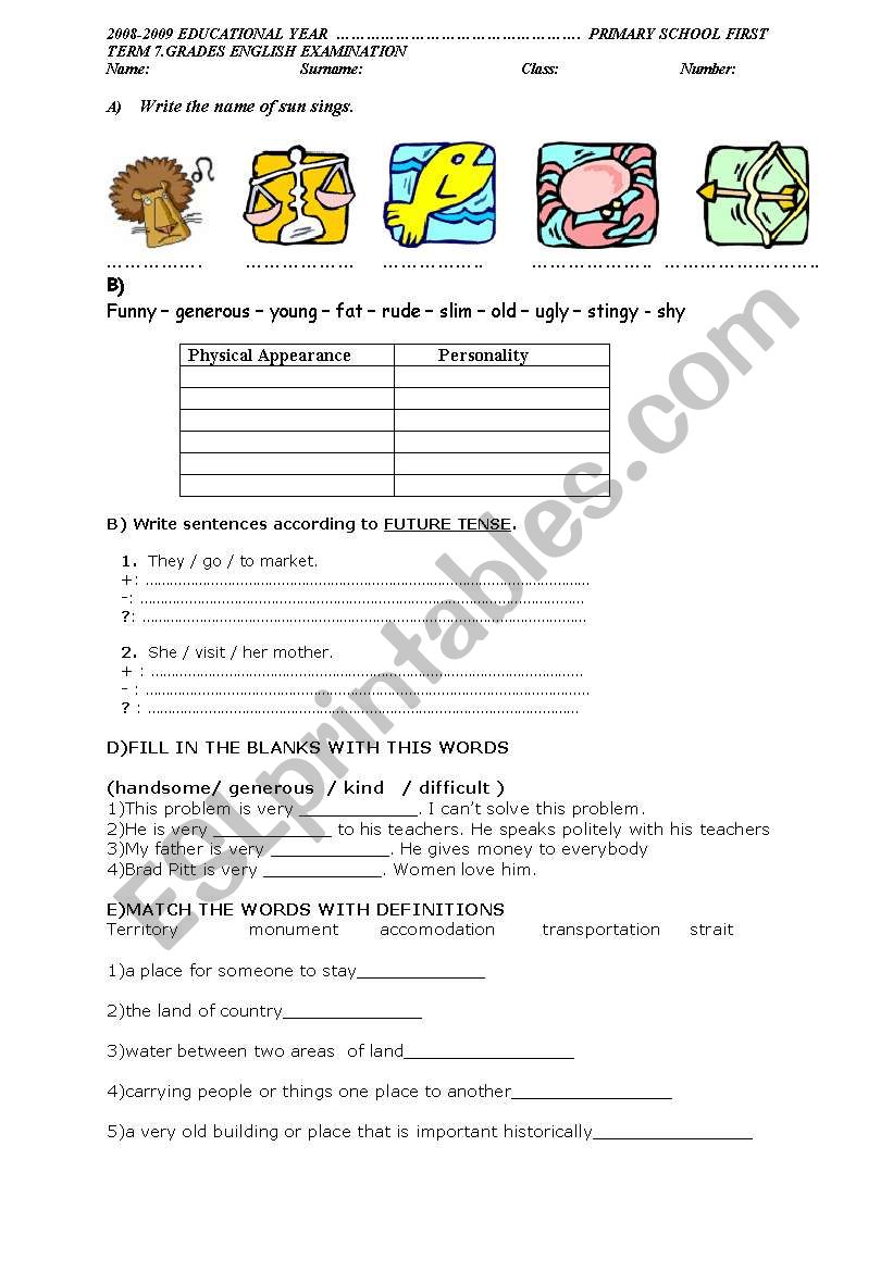exam worksheet