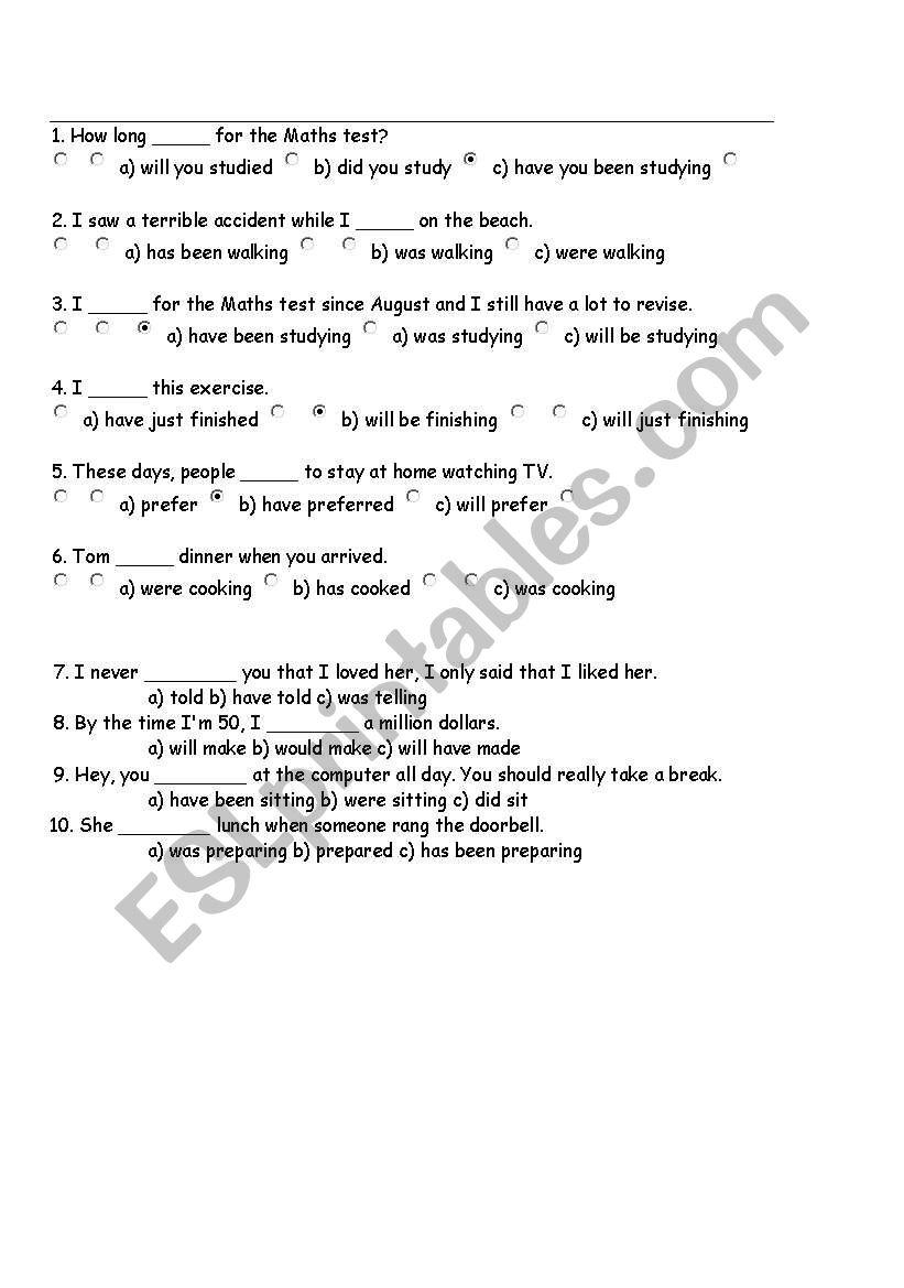 multiple choice questions on tenses