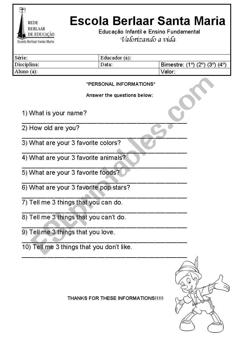 questions about yourself worksheet