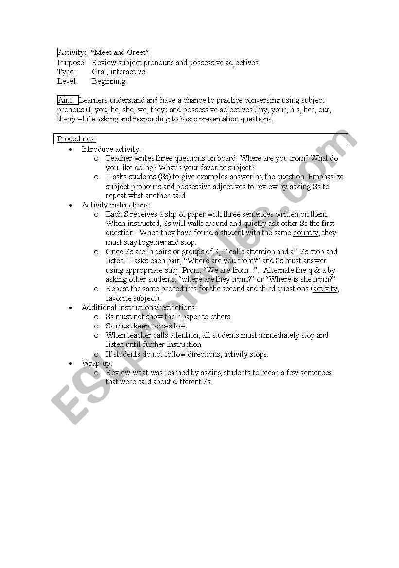 Meet and Greet lesson plan worksheet