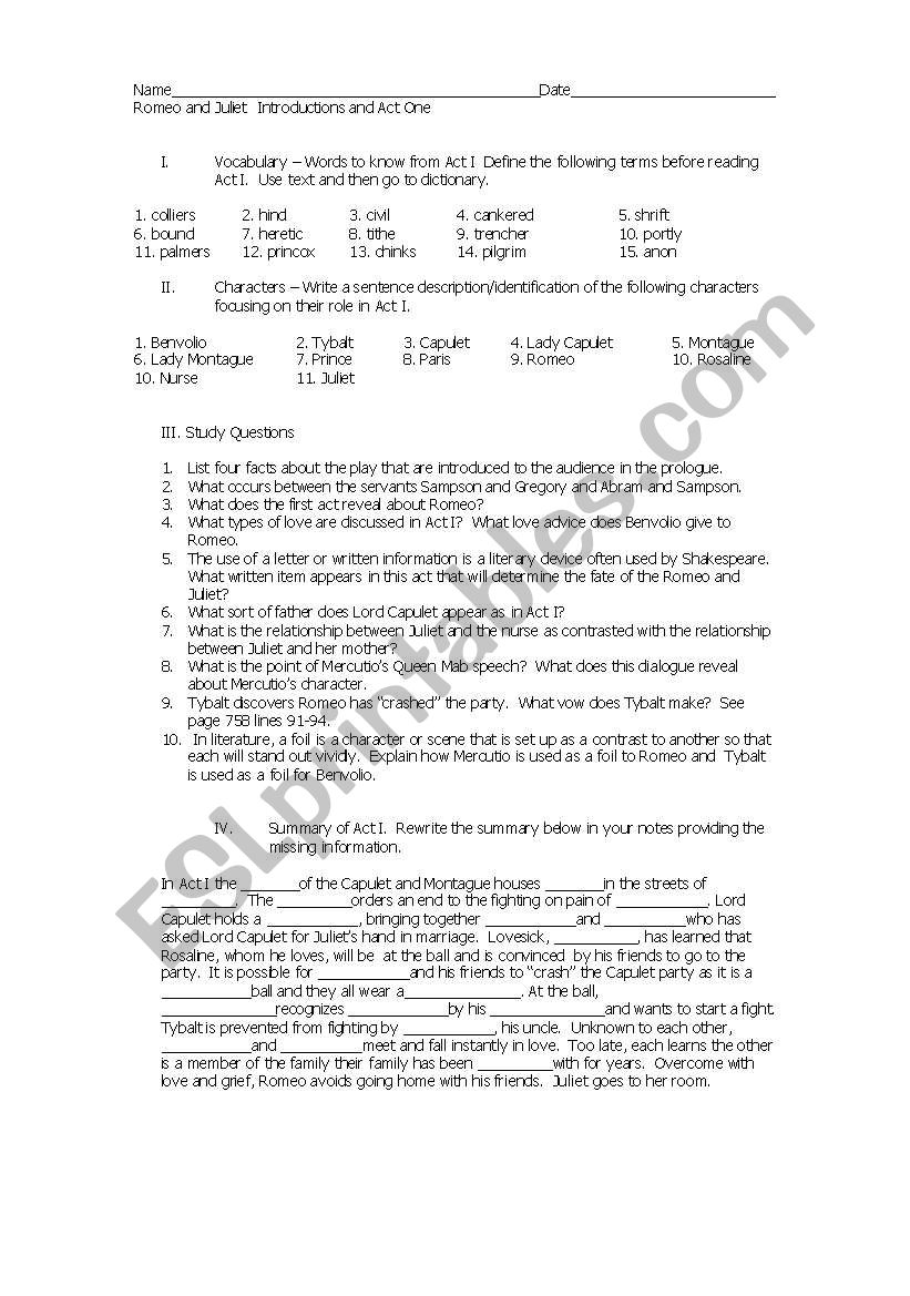Romeo and Juliet Act I worksheet