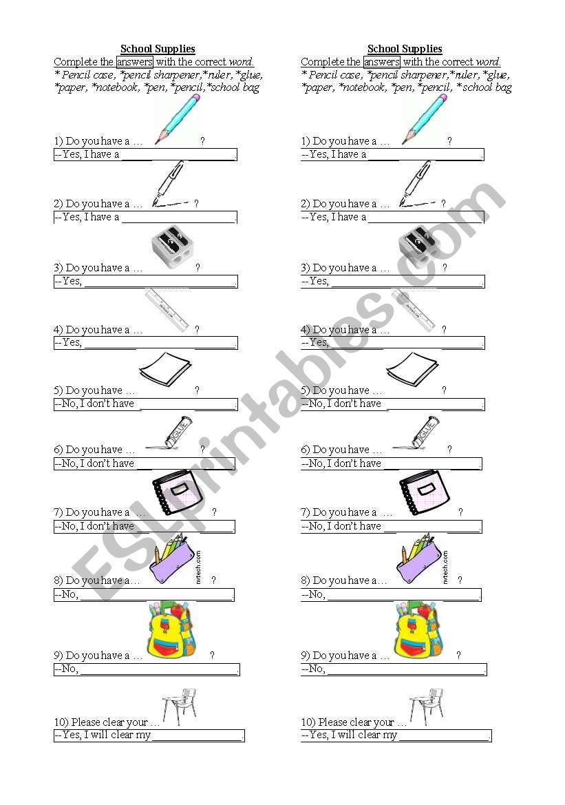 School Supplies  worksheet