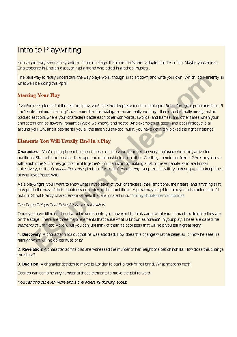 Introduction to Play Writing worksheet