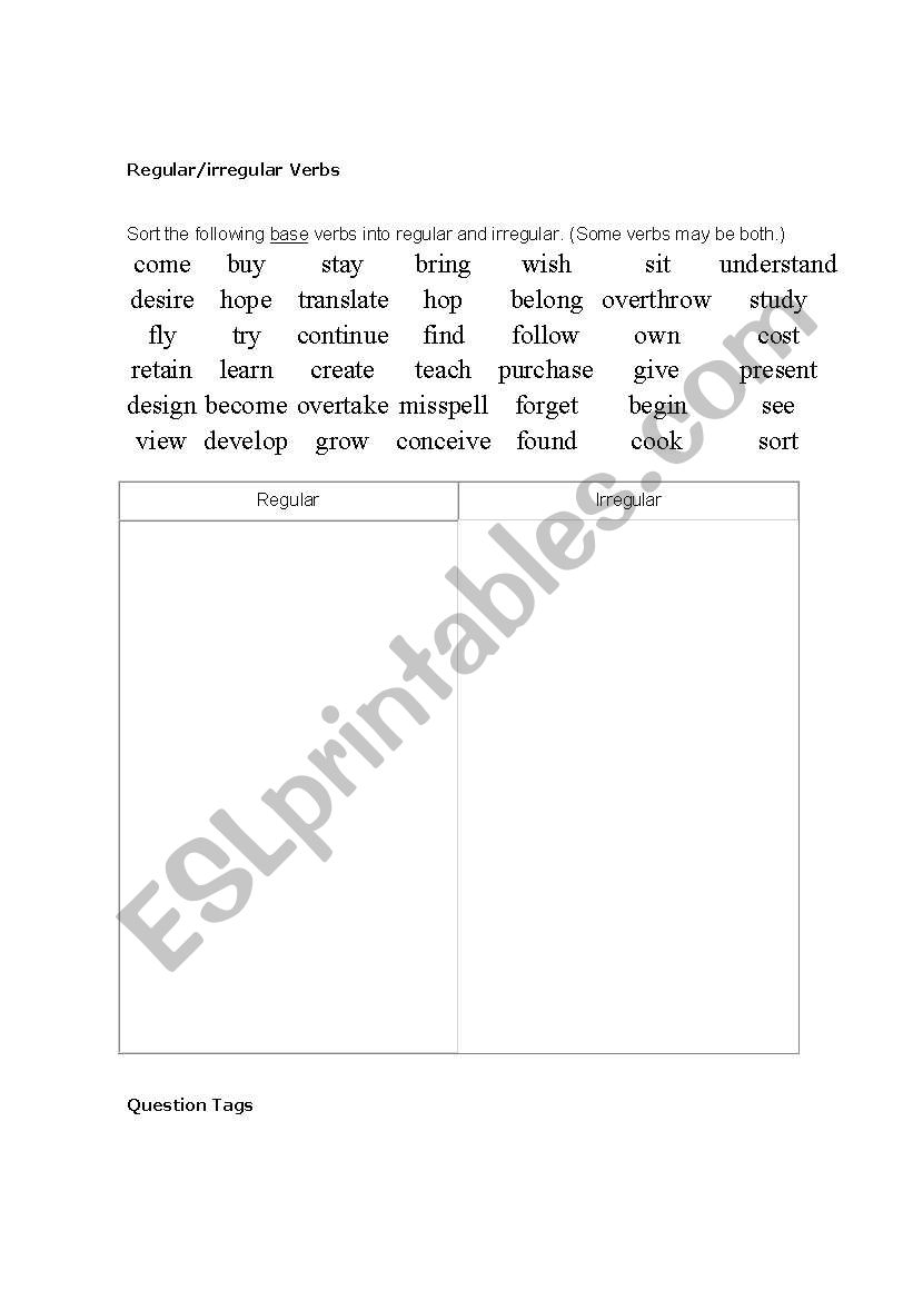 Ireegular Verb Worksheet