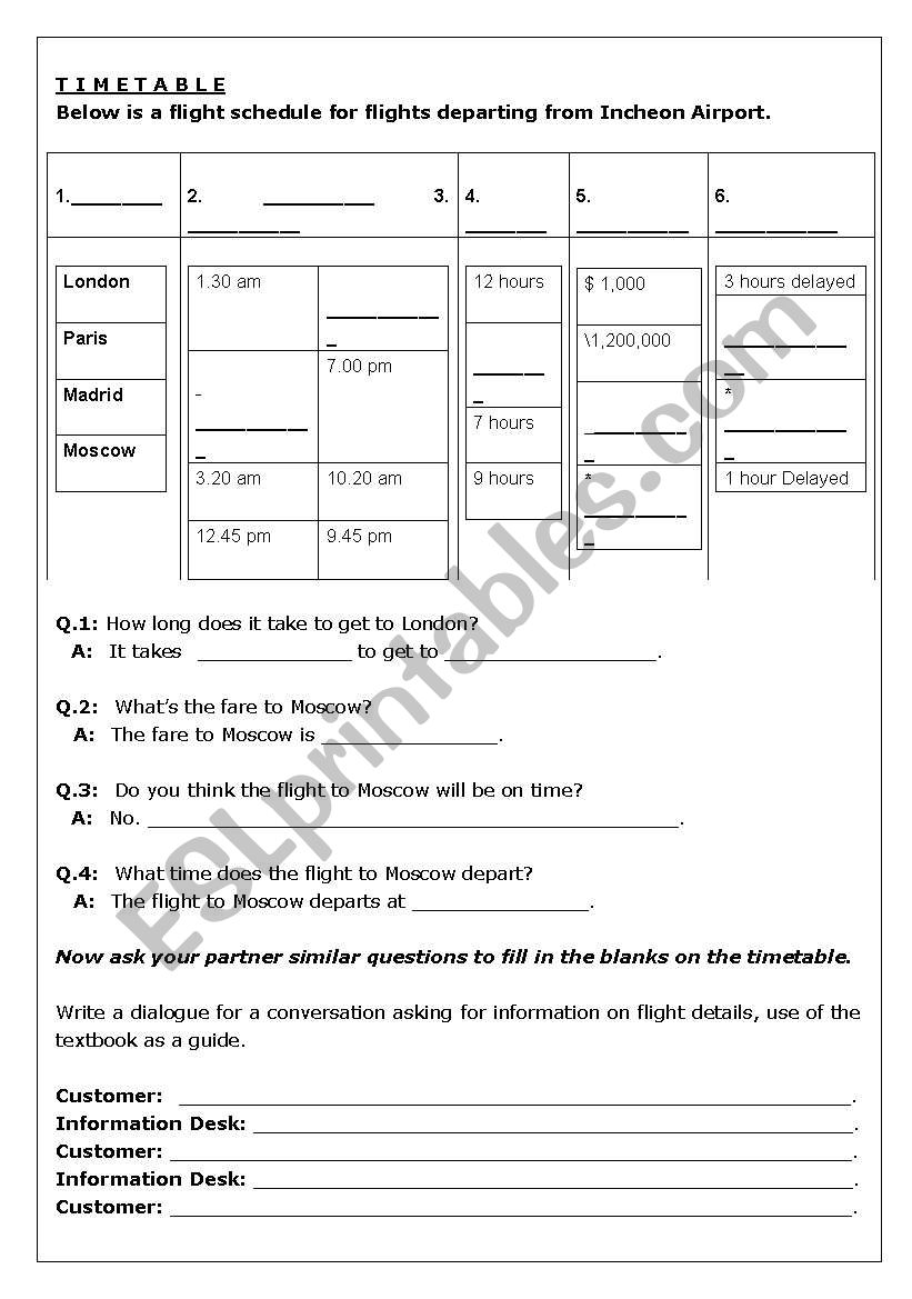 Reading a flight timetable worksheet