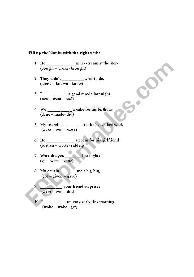 Irregular Verbs practice worksheet