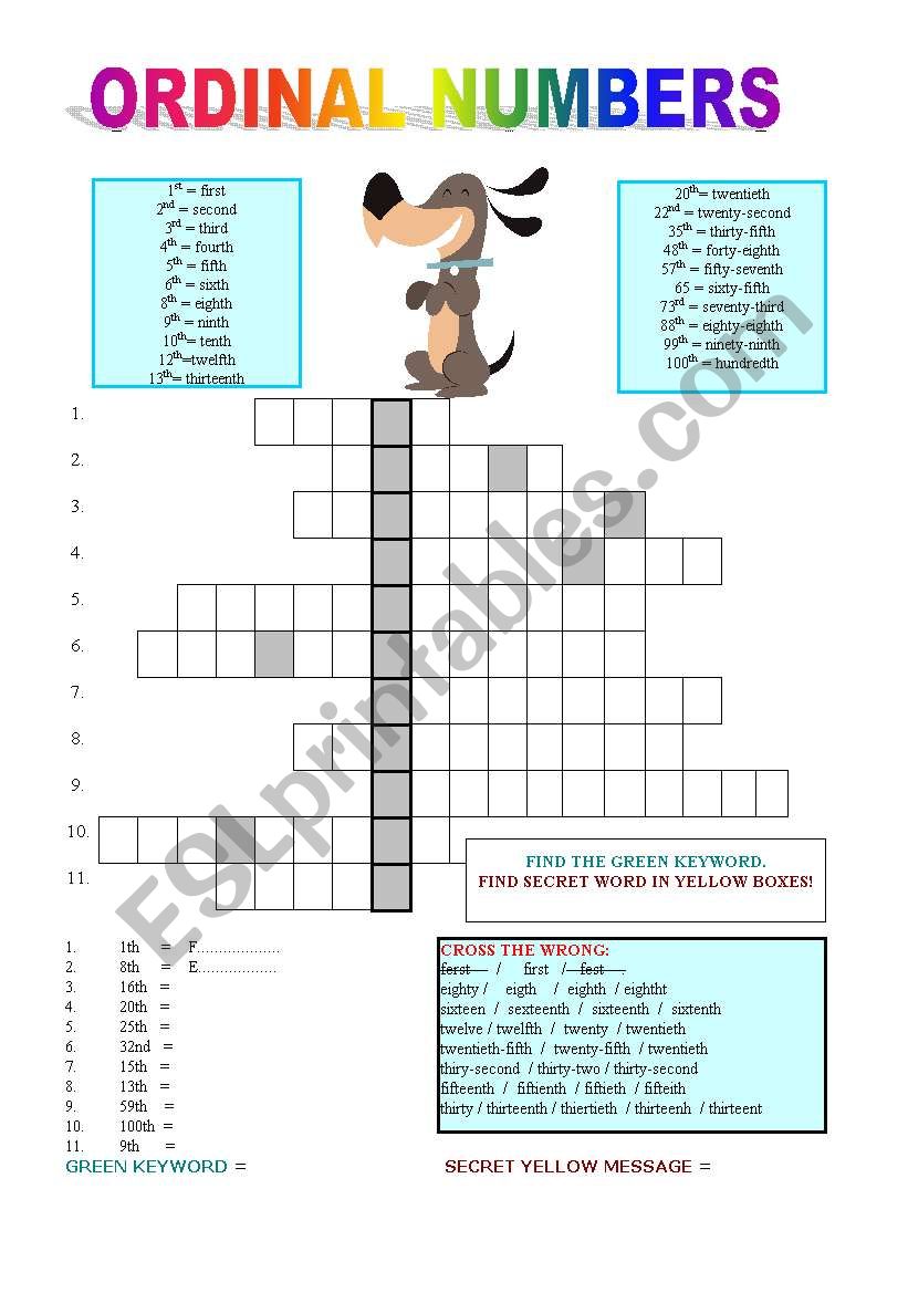 ORDINAL NUMBERS (11 pages - crossword, flash, dominoes, fill-in, BOARGAME...+key)