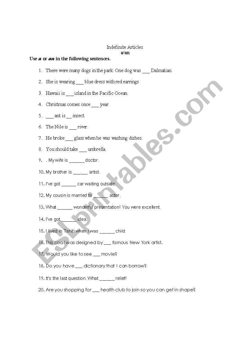 Indefinite Articles worksheet