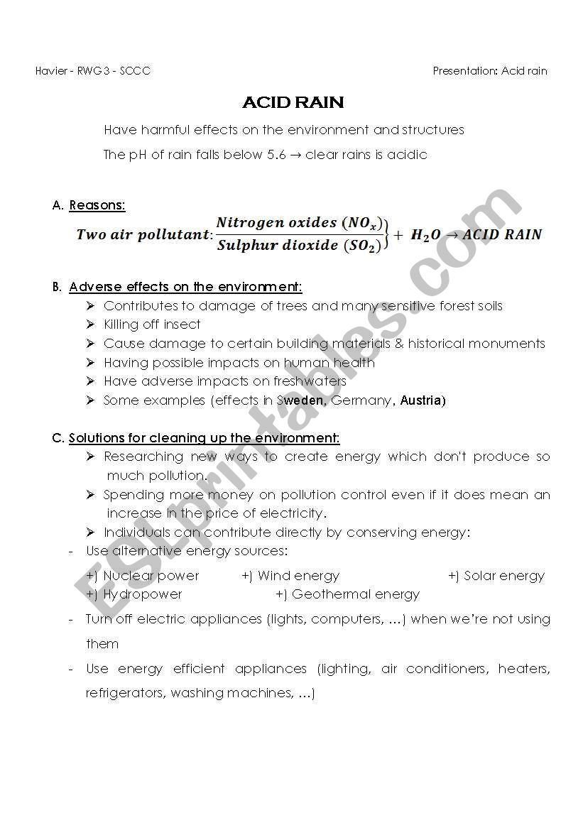 Presentation - ACID RAIN worksheet