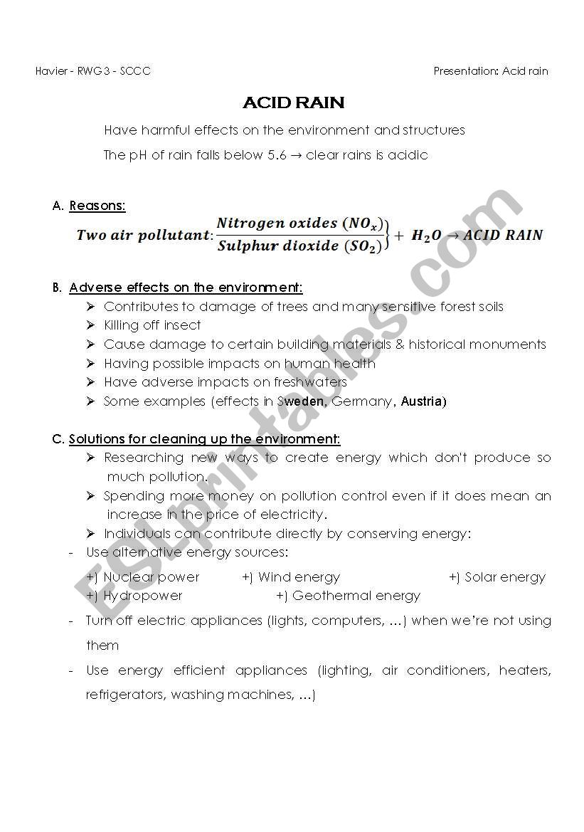 Presentation - ACID RAIN worksheet