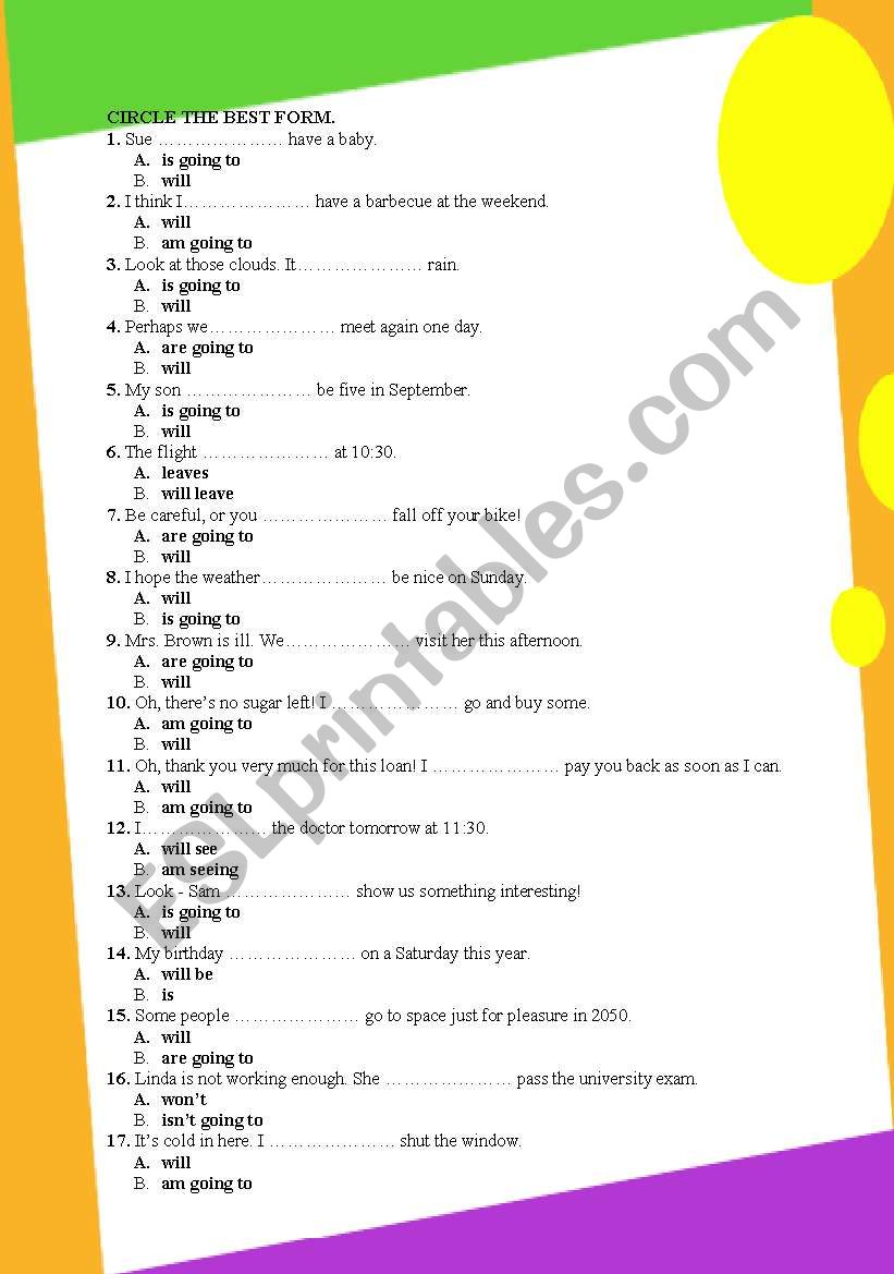 will or going to (2) worksheet