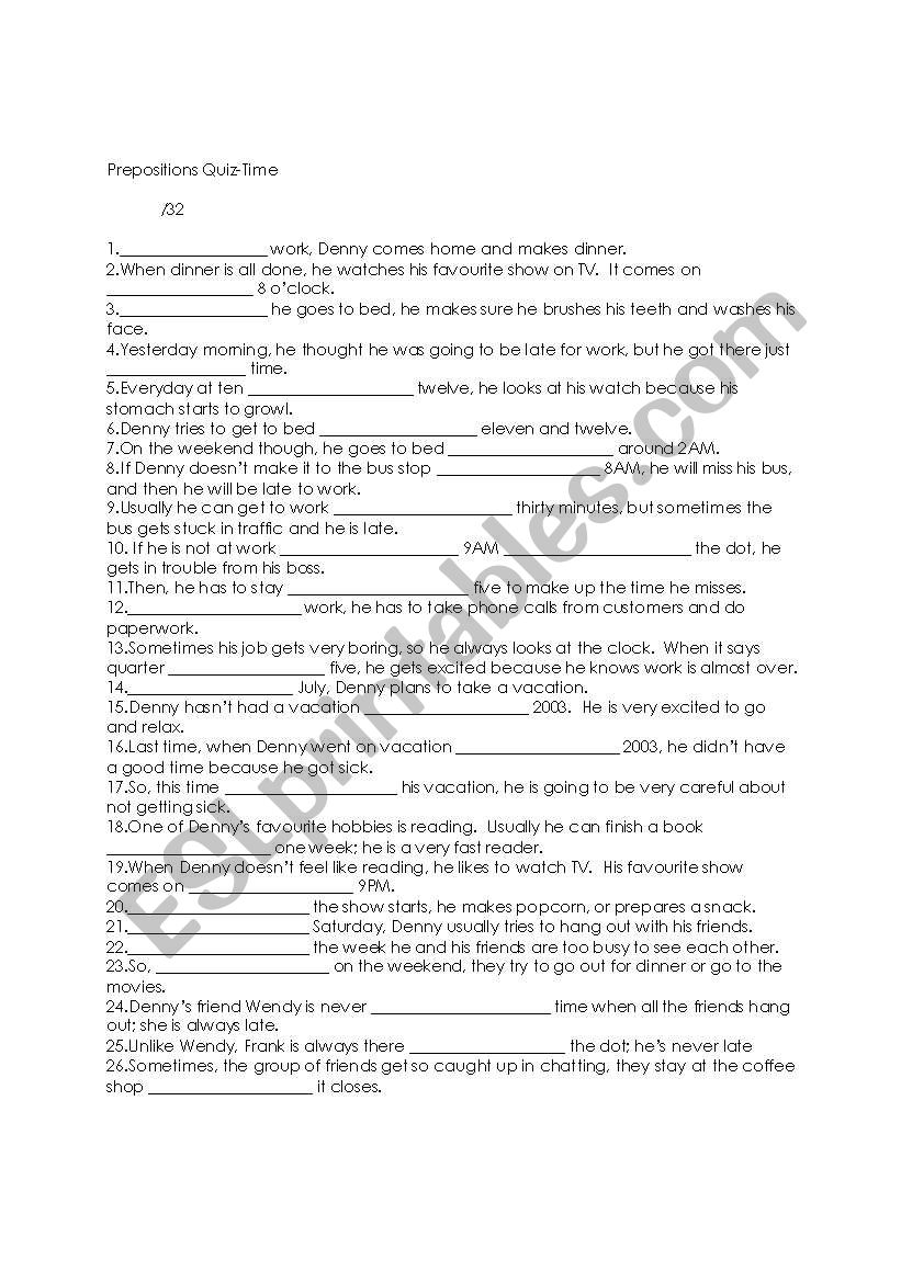 Prepositions-Time worksheet