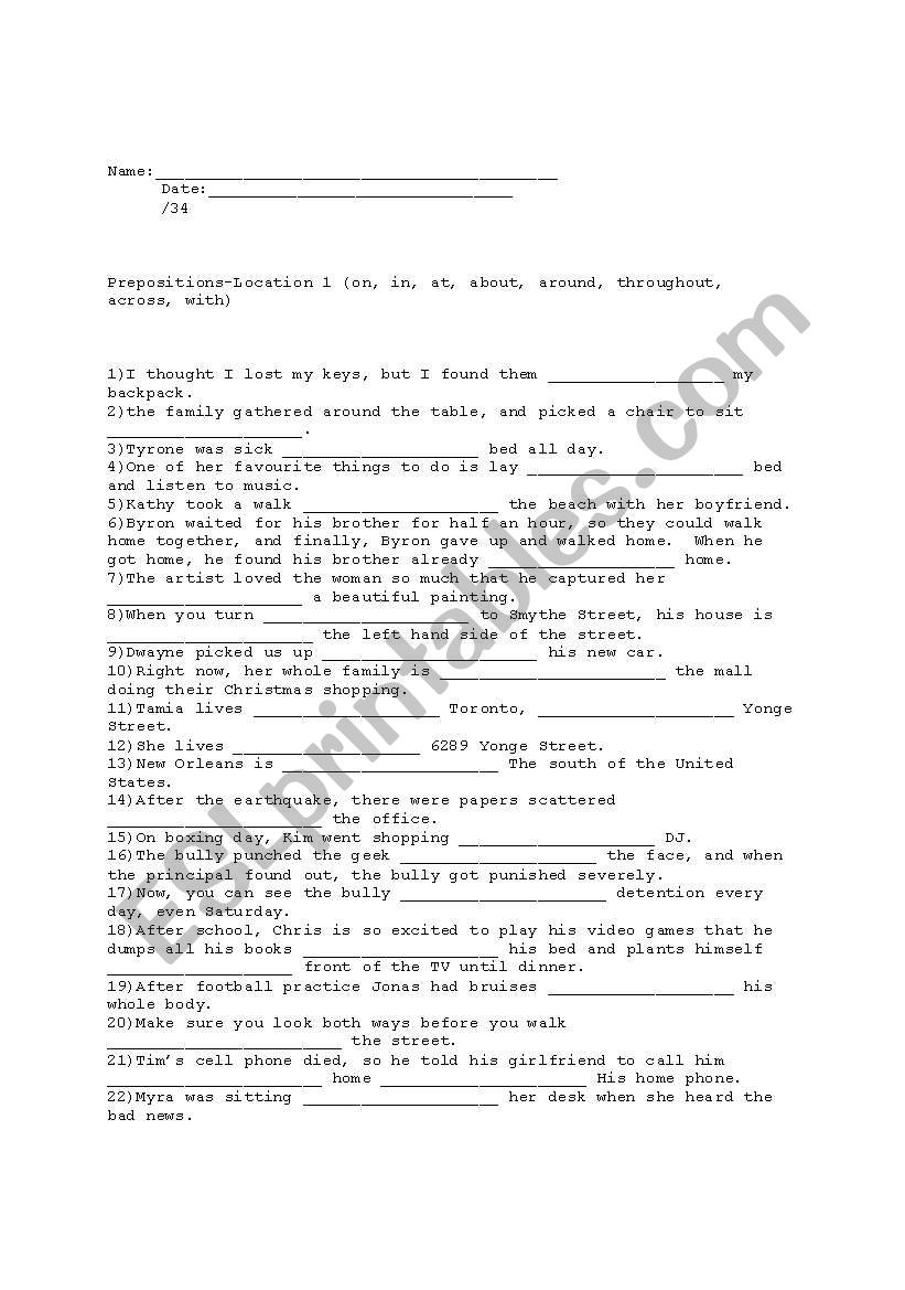 Prepositions-Location 1 worksheet