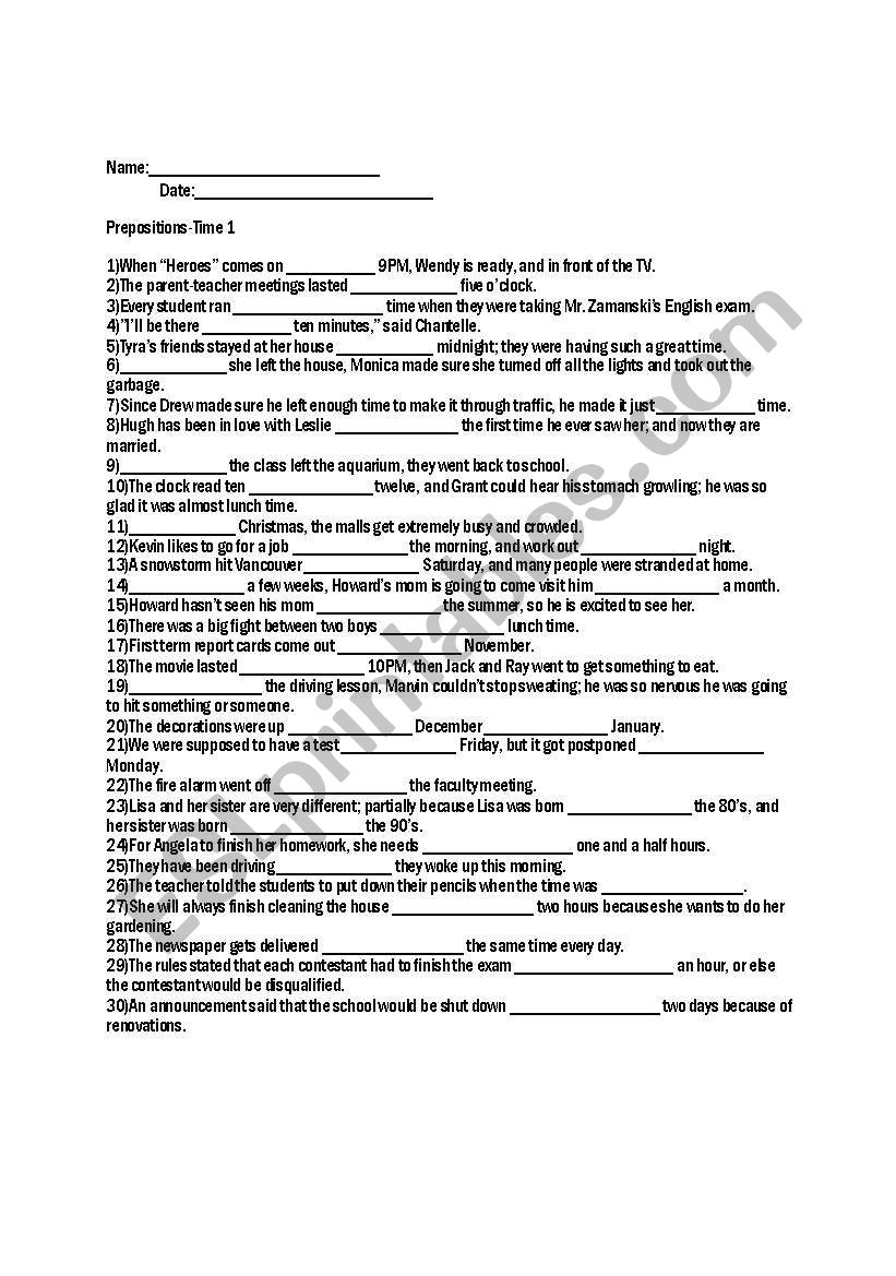 Prepositions-Time 1 worksheet