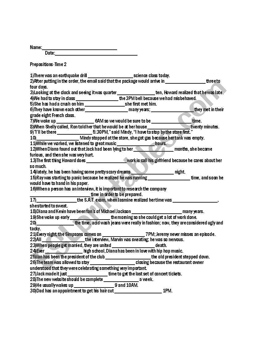 Prepositions-Time 2 worksheet