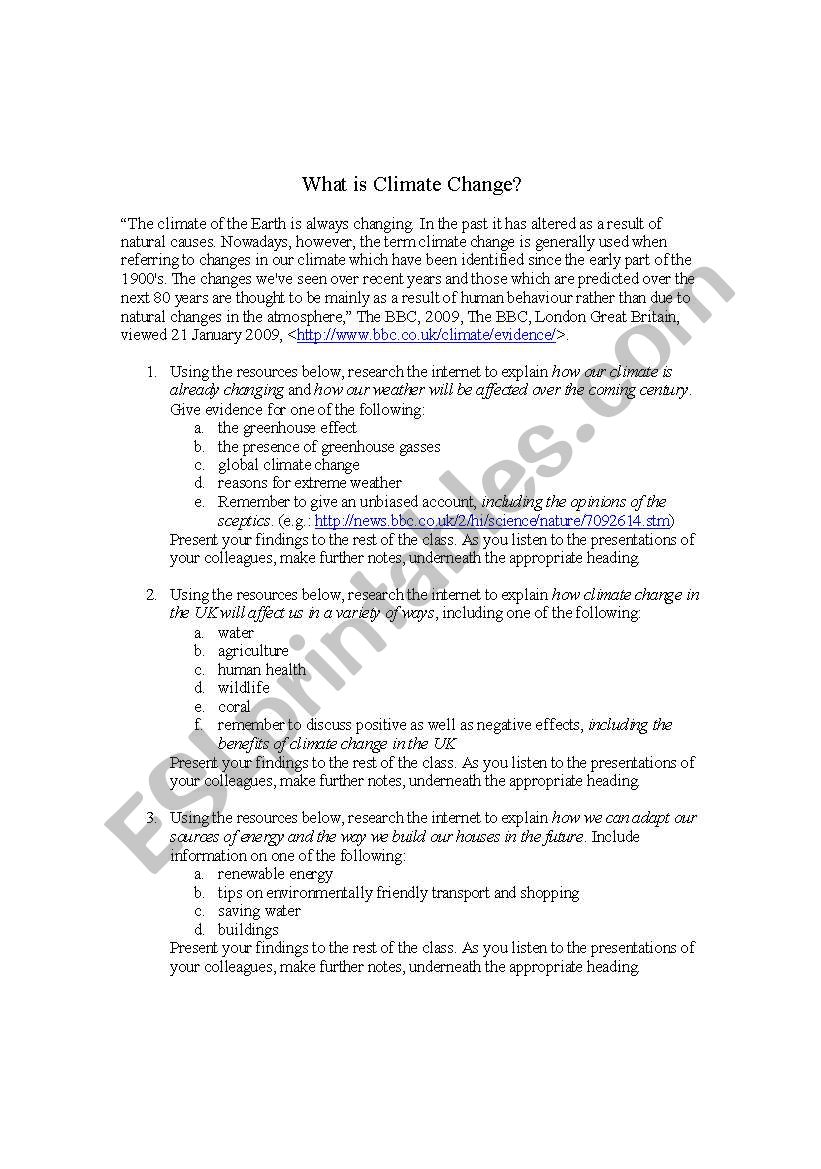 Climate Change Webquest worksheet