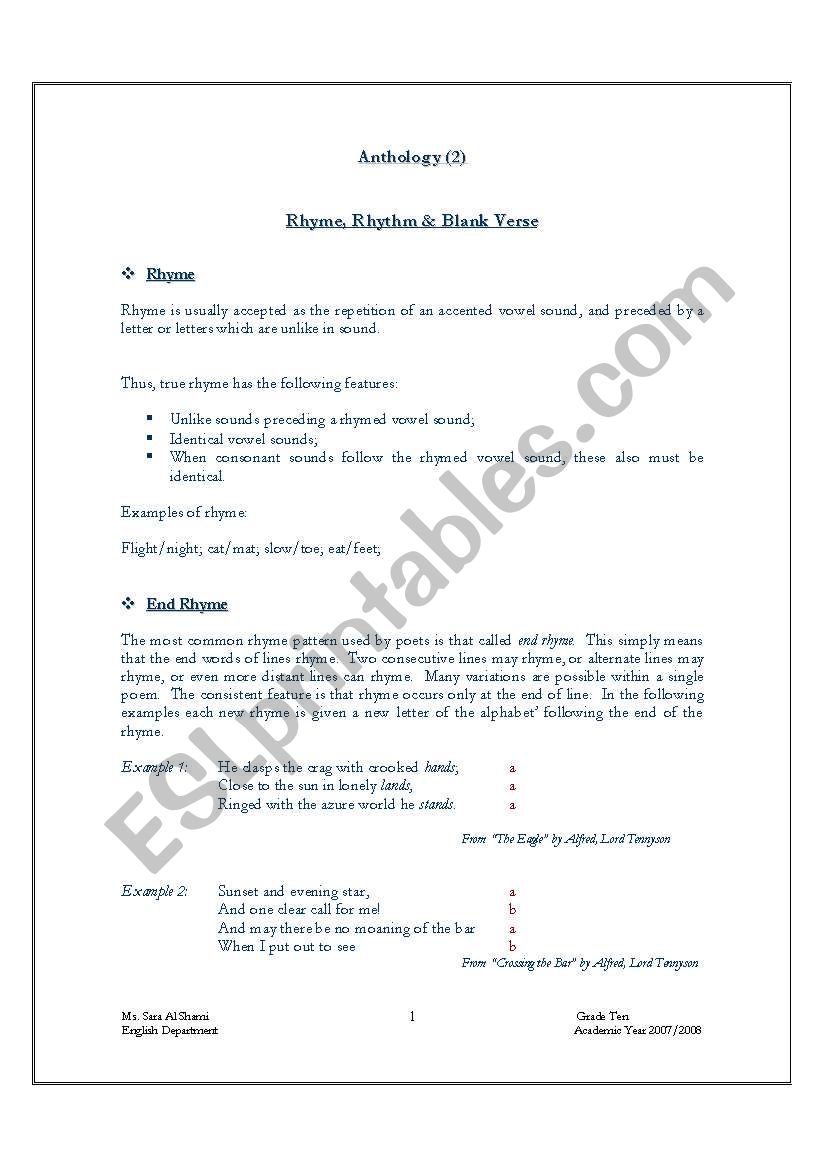 Rhyme, Rhythm & Blank Verse worksheet