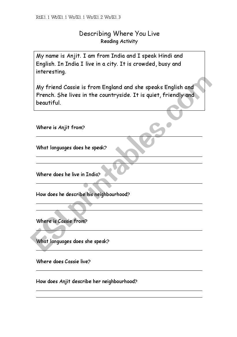 Describing Where Ou Live - Reading