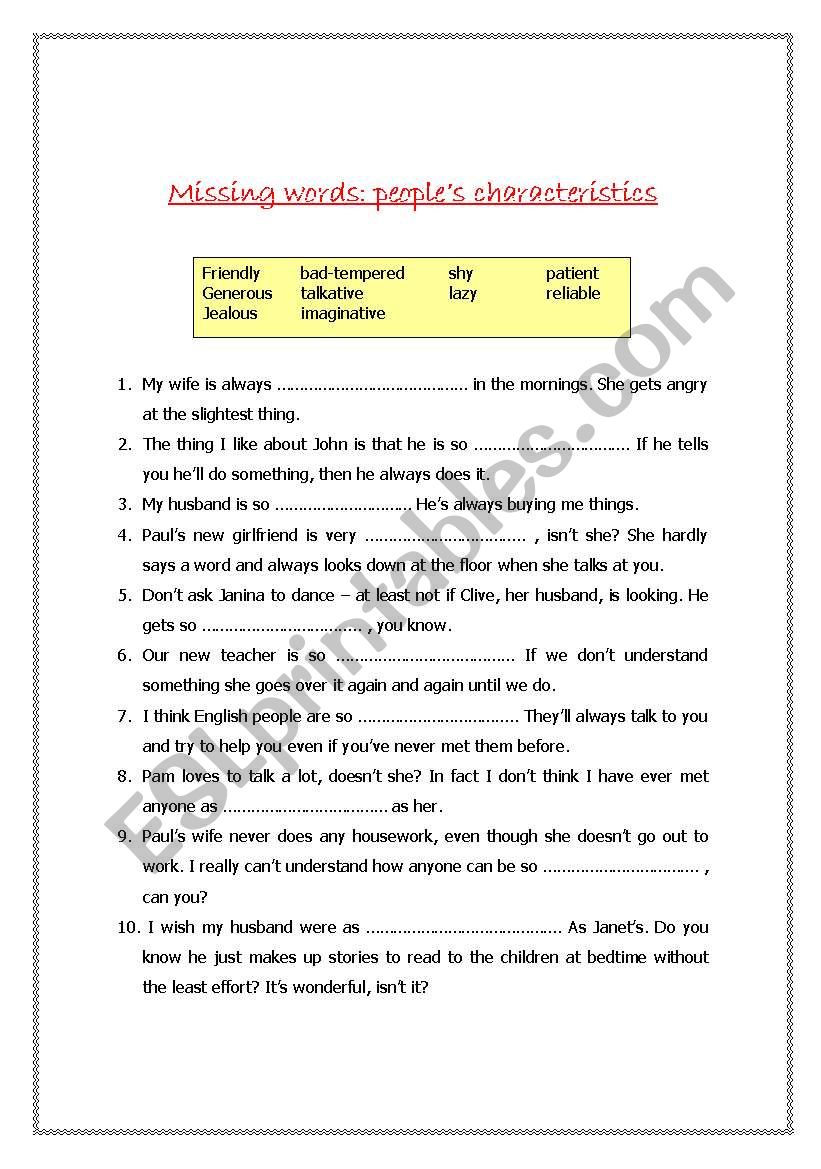 Personality adjectives worksheet