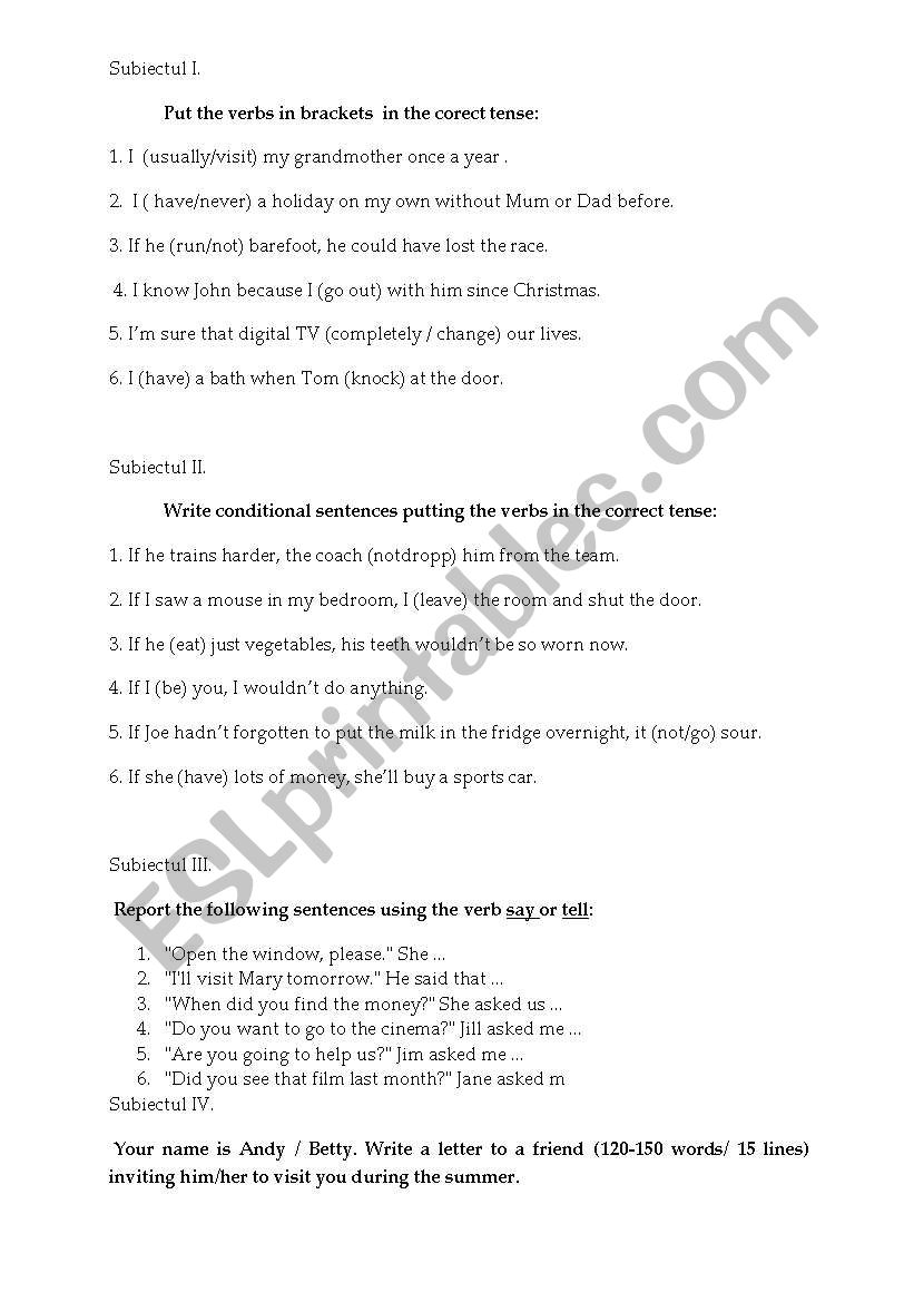 test worksheet