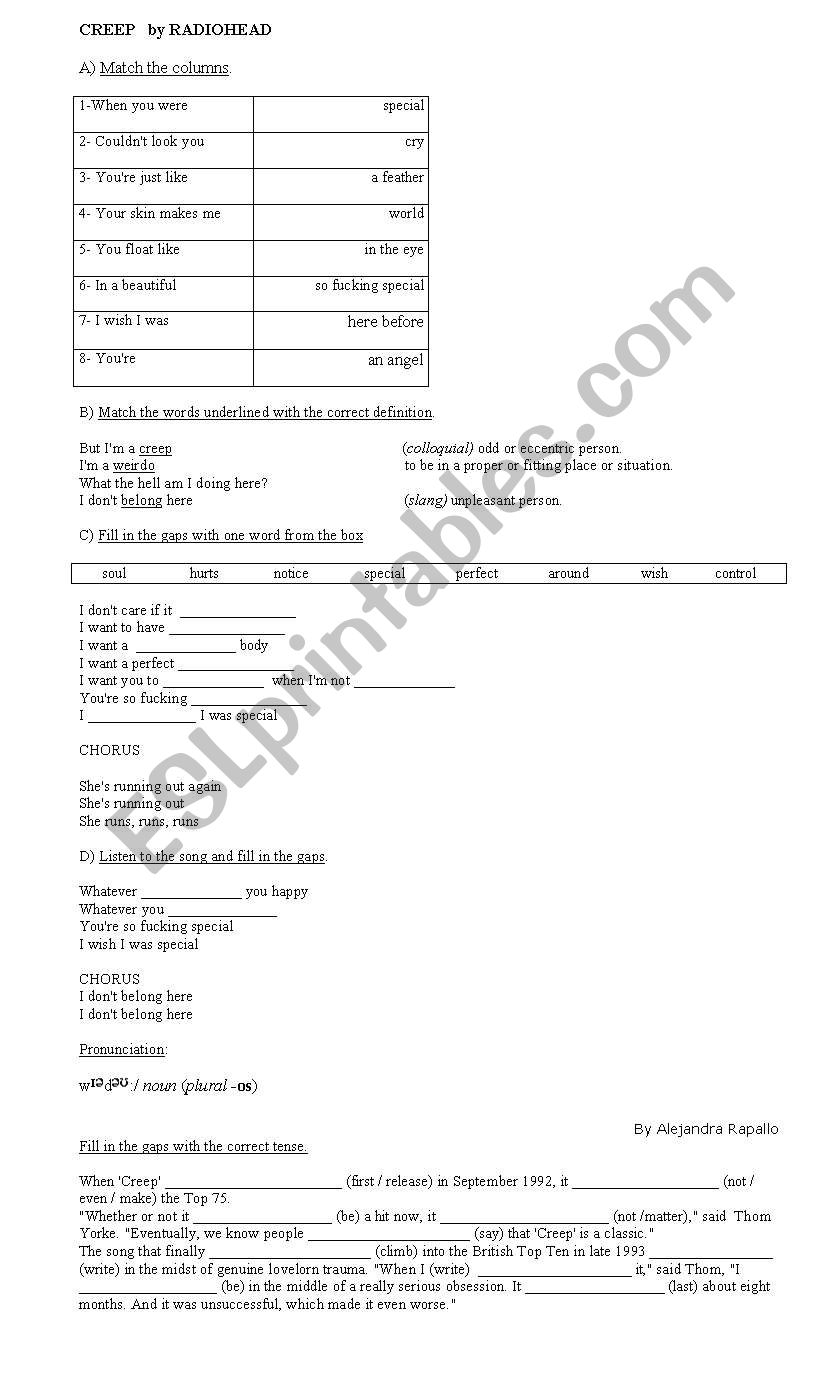 Song: Creep by Radiohead worksheet