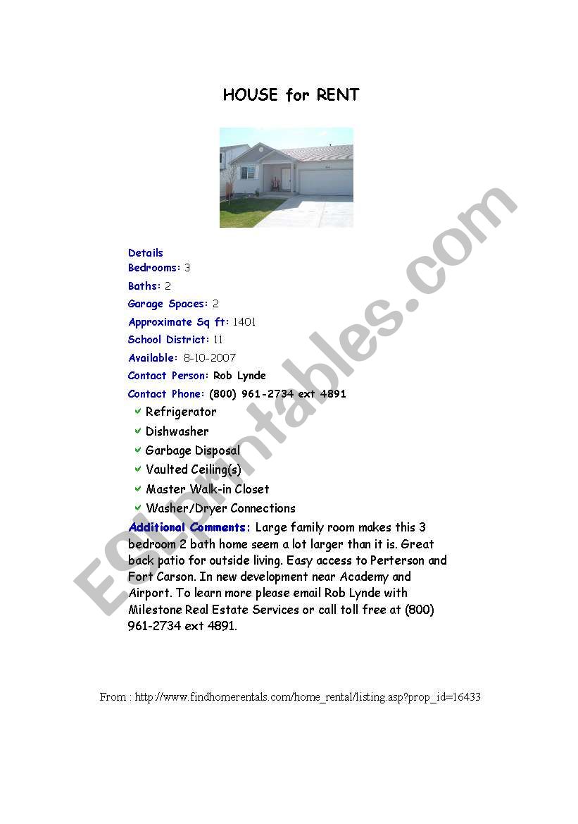 House for rent worksheet