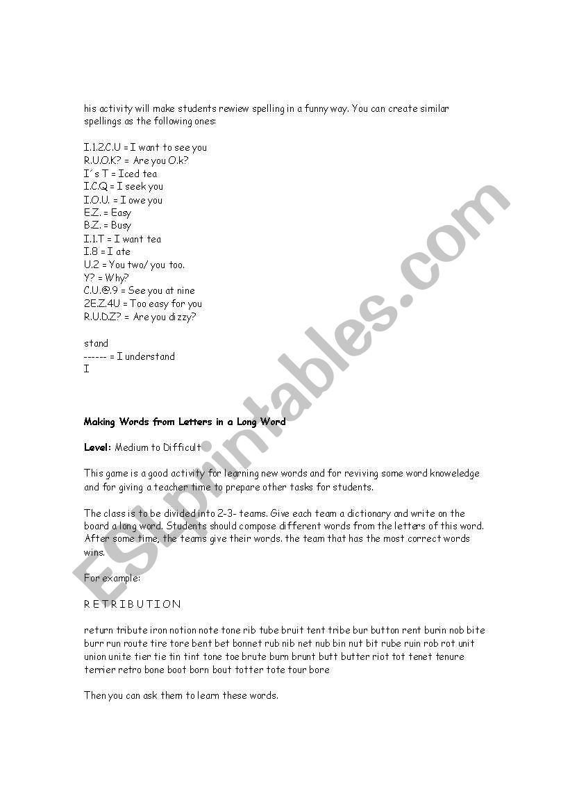 Activities worksheet