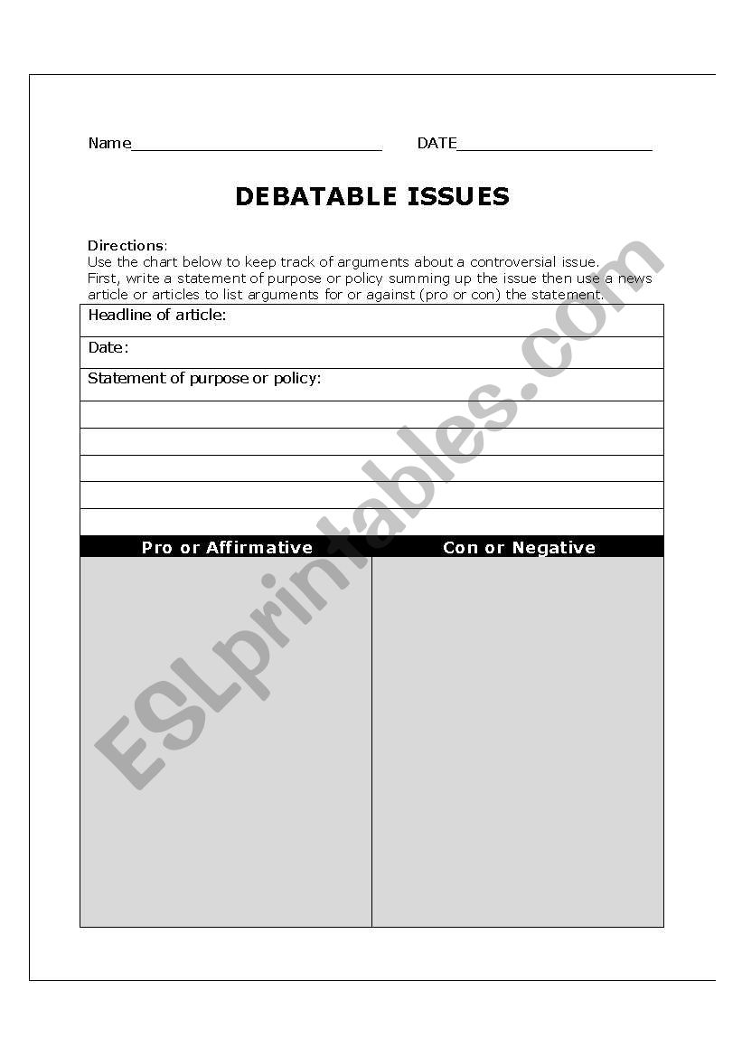 Debatable Issues worksheet