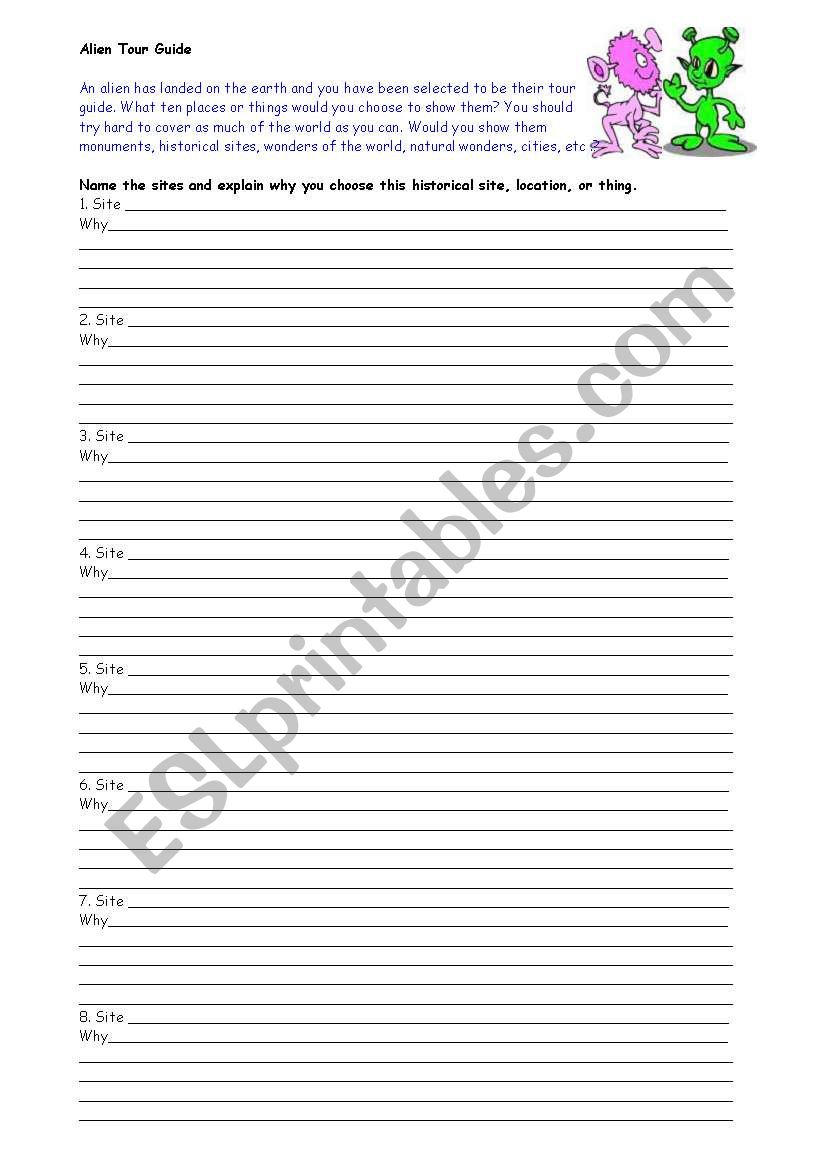 Alien tour guide worksheet