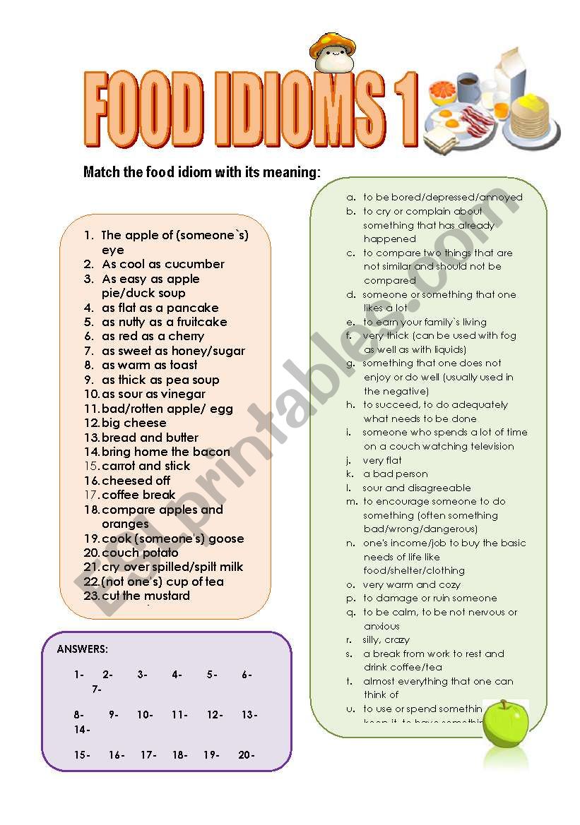 FOOD IDIOMS parts 1, 2 and 3 : 5 PAGES (3 MATCHING exercises, food idioms QUIZ  with answer key)