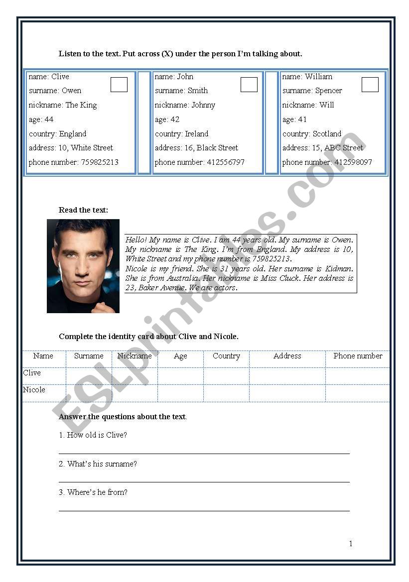 Clive Owen personal ID worksheet