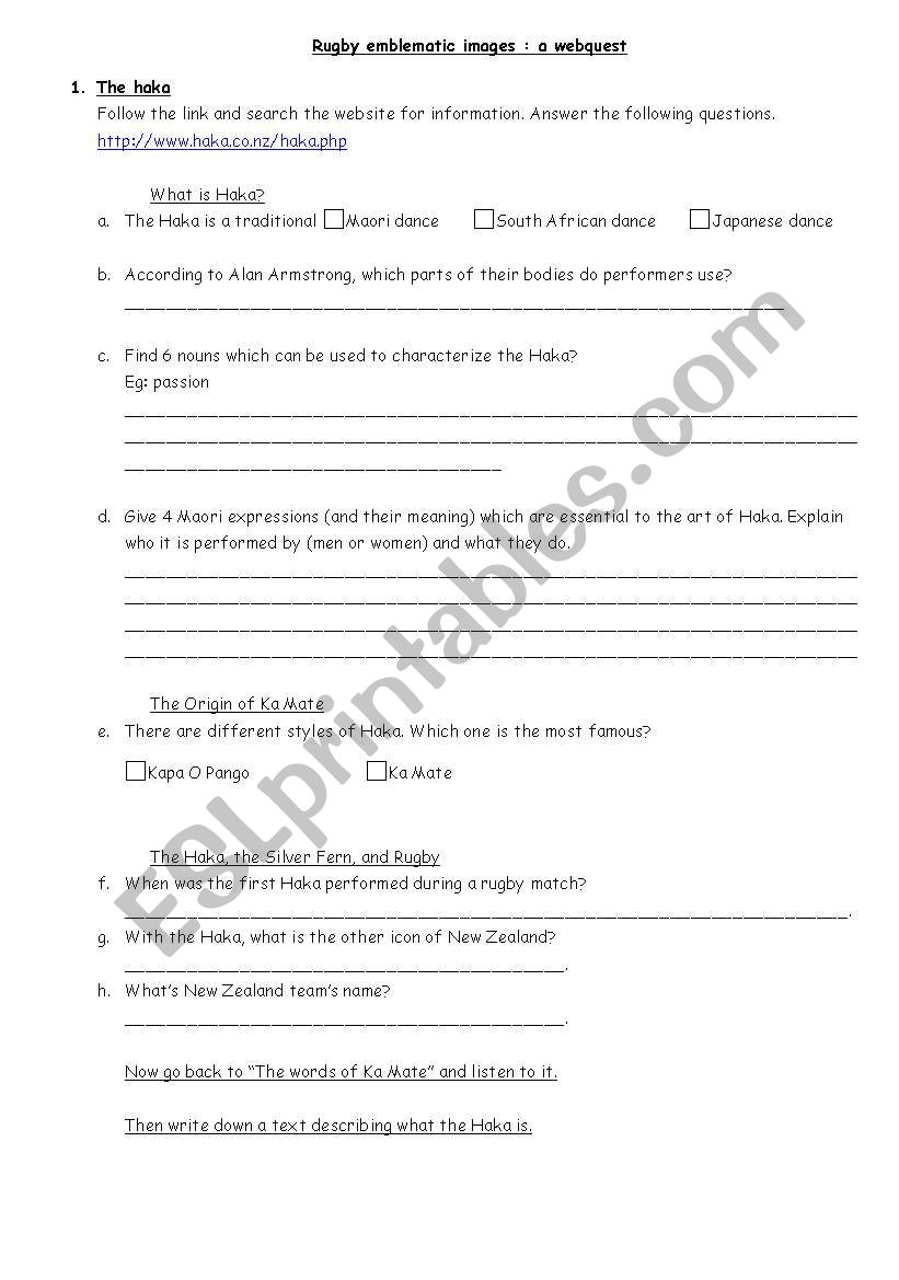 Webquest on Haka worksheet