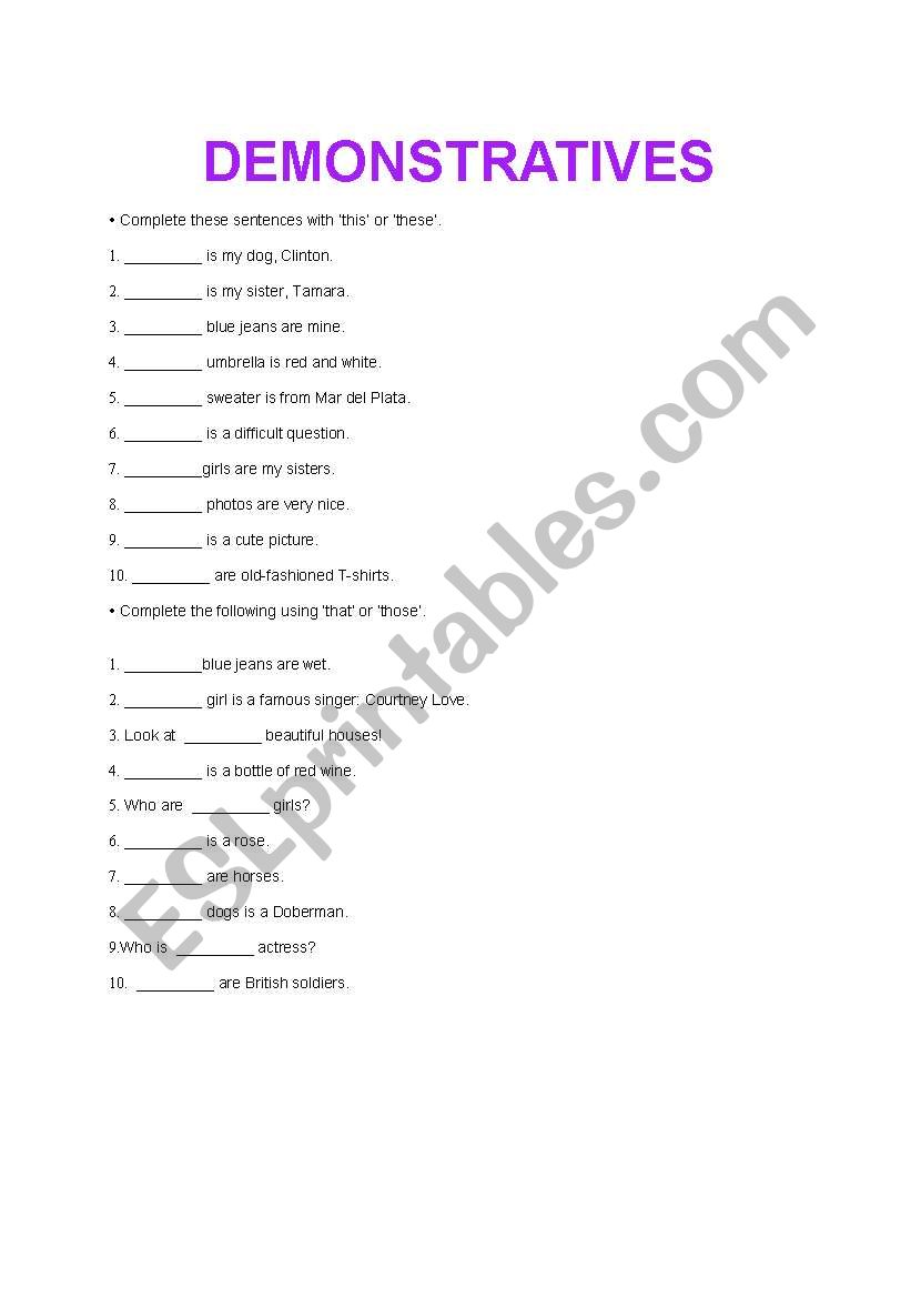 demonstratives worksheet