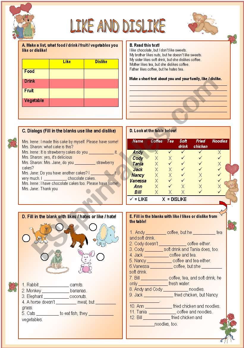 Like and dislike worksheet