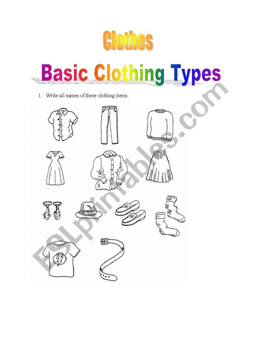 Clothes items worksheet