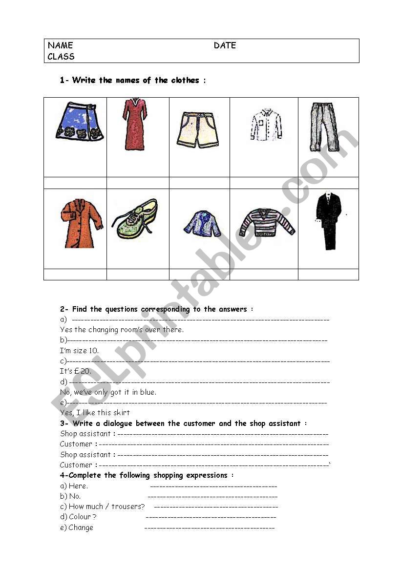 shopping worksheet