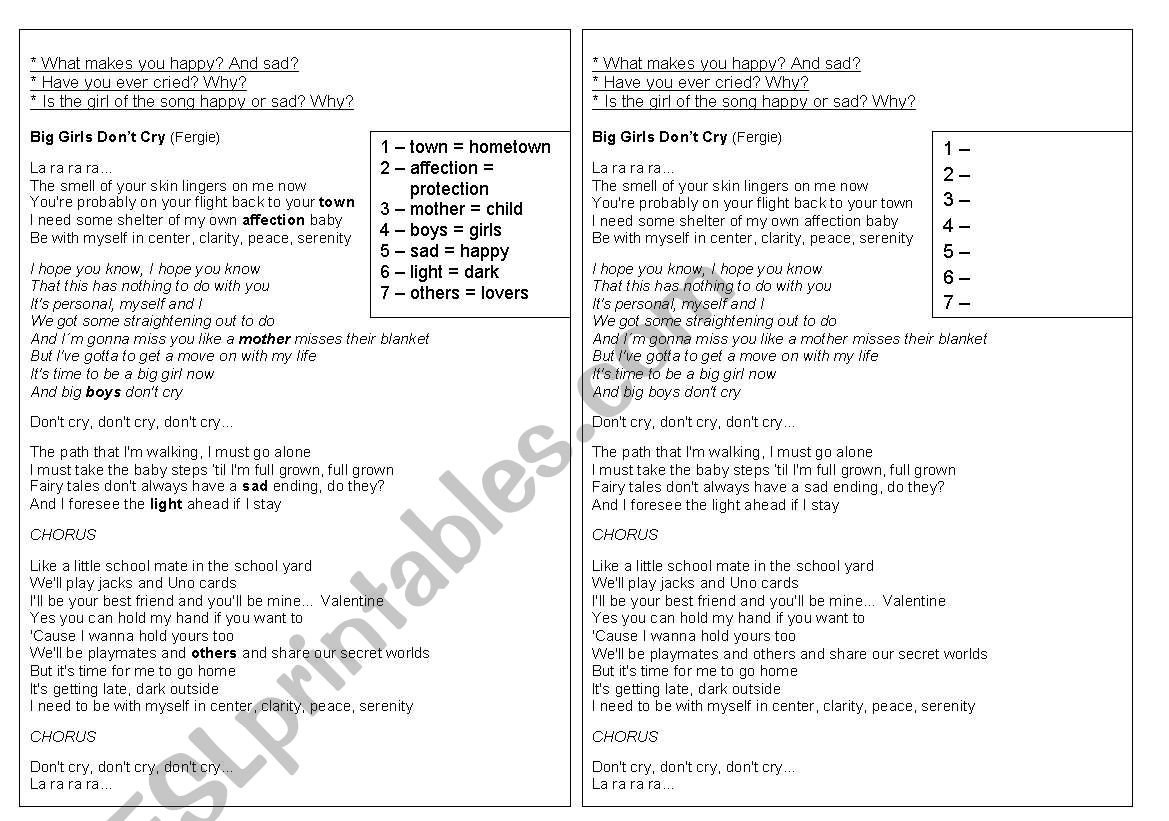 SOng - Big girls dont cry worksheet